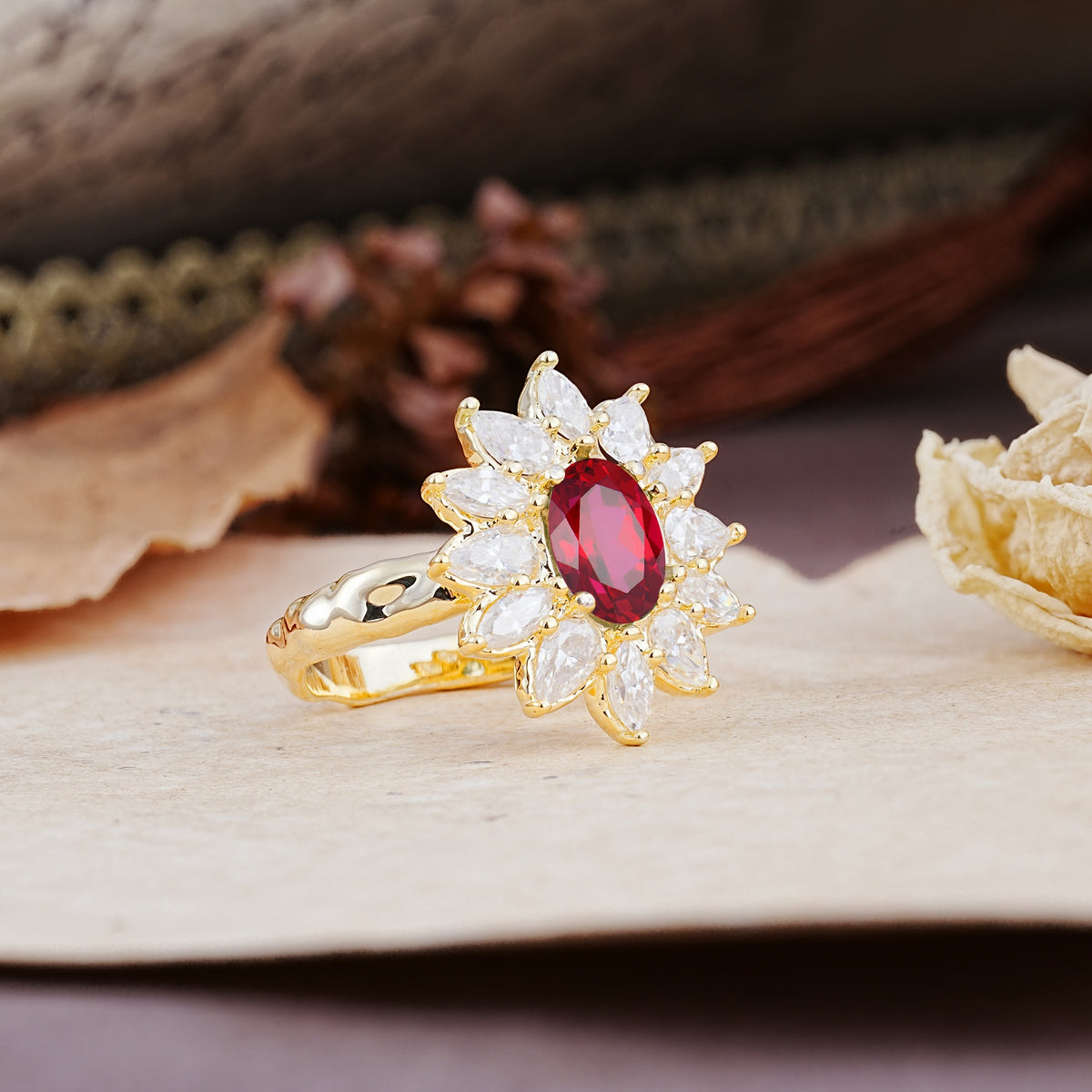 Nature-Inspired, Luxurious, and Unique Sunflower-Style 6-Prong Oval-Cut Ruby Engagement Ring - Additional view