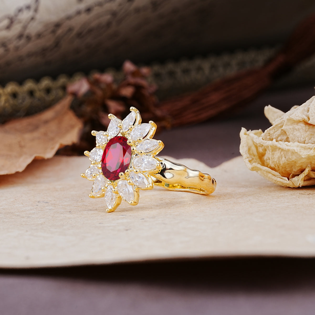 Nature-Inspired, Luxurious, and Unique Sunflower-Style 6-Prong Oval-Cut Ruby Engagement Ring - Additional view