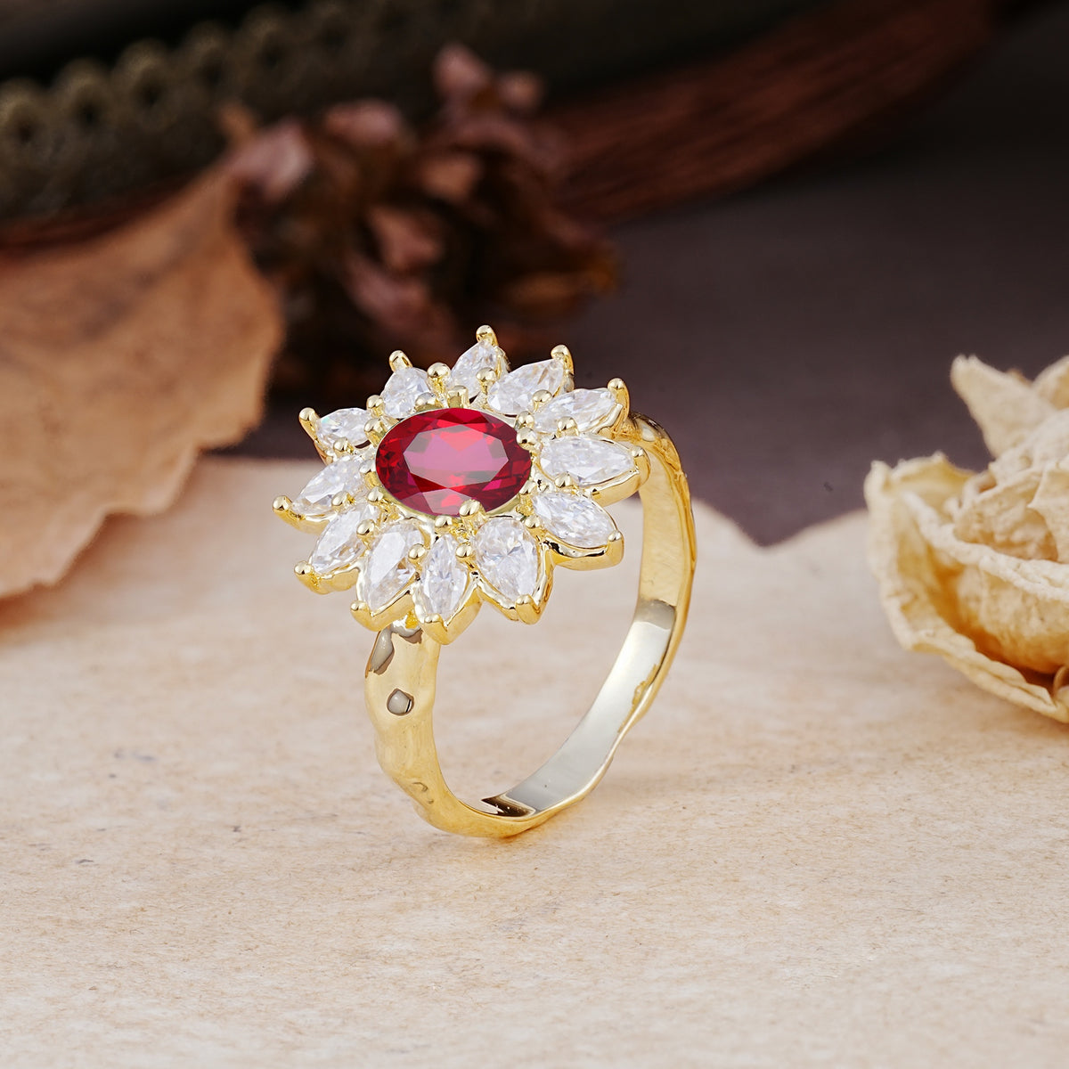 Nature-Inspired, Luxurious, and Unique Sunflower-Style 6-Prong Oval-Cut Ruby Engagement Ring - Additional view