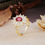 Nature-Inspired, Luxurious, and Unique Sunflower-Style 6-Prong Oval-Cut Ruby Engagement Ring - Additional view