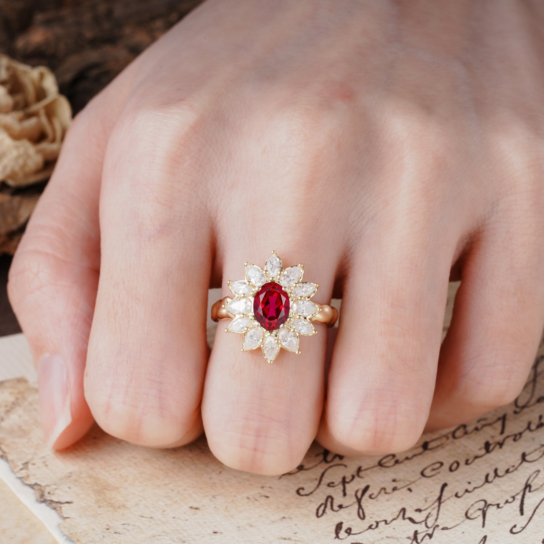 Nature-Inspired, Luxurious, and Unique Sunflower-Style 6-Prong Oval-Cut Ruby Engagement Ring - Additional view