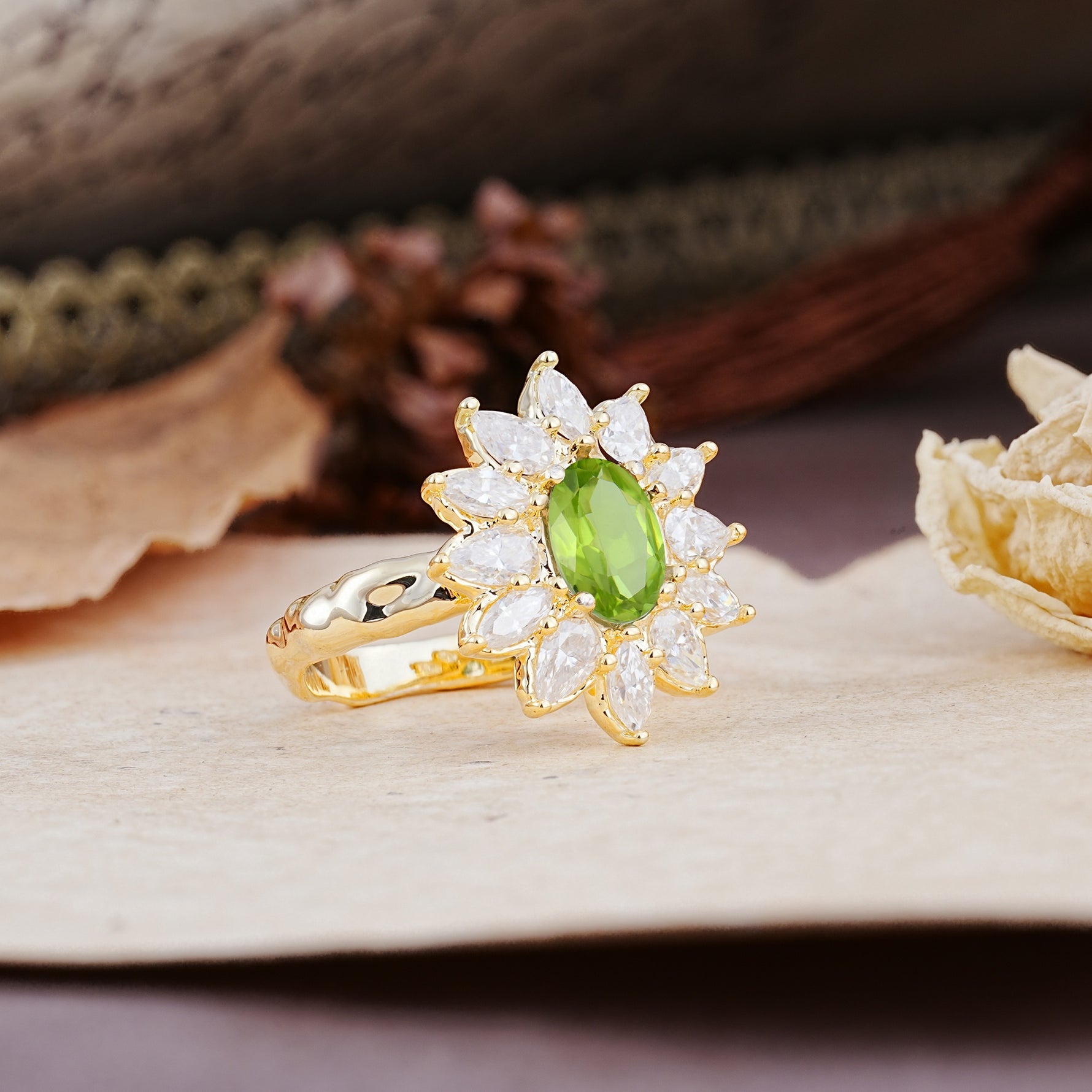 Nature-Inspired, Luxurious, and Unique Sunflower-Style 6-Prong Oval-Cut Peridot Engagement Ring - Additional view