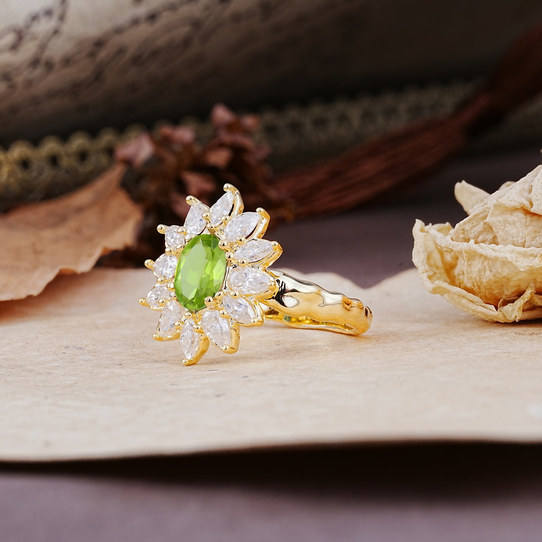 Nature-Inspired, Luxurious, and Unique Sunflower-Style 6-Prong Oval-Cut Peridot Engagement Ring - Additional view