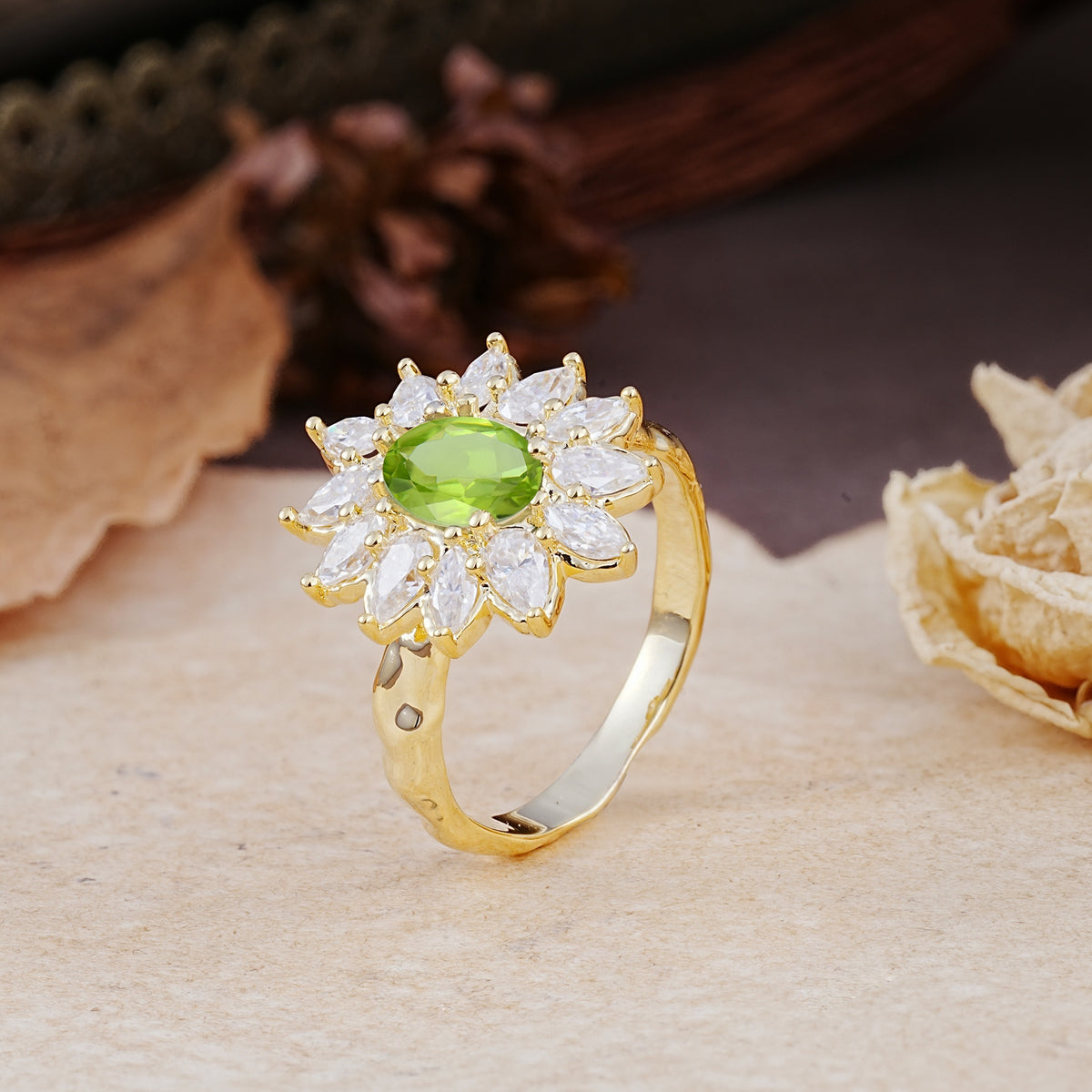 Nature-Inspired, Luxurious, and Unique Sunflower-Style 6-Prong Oval-Cut Peridot Engagement Ring - Additional view