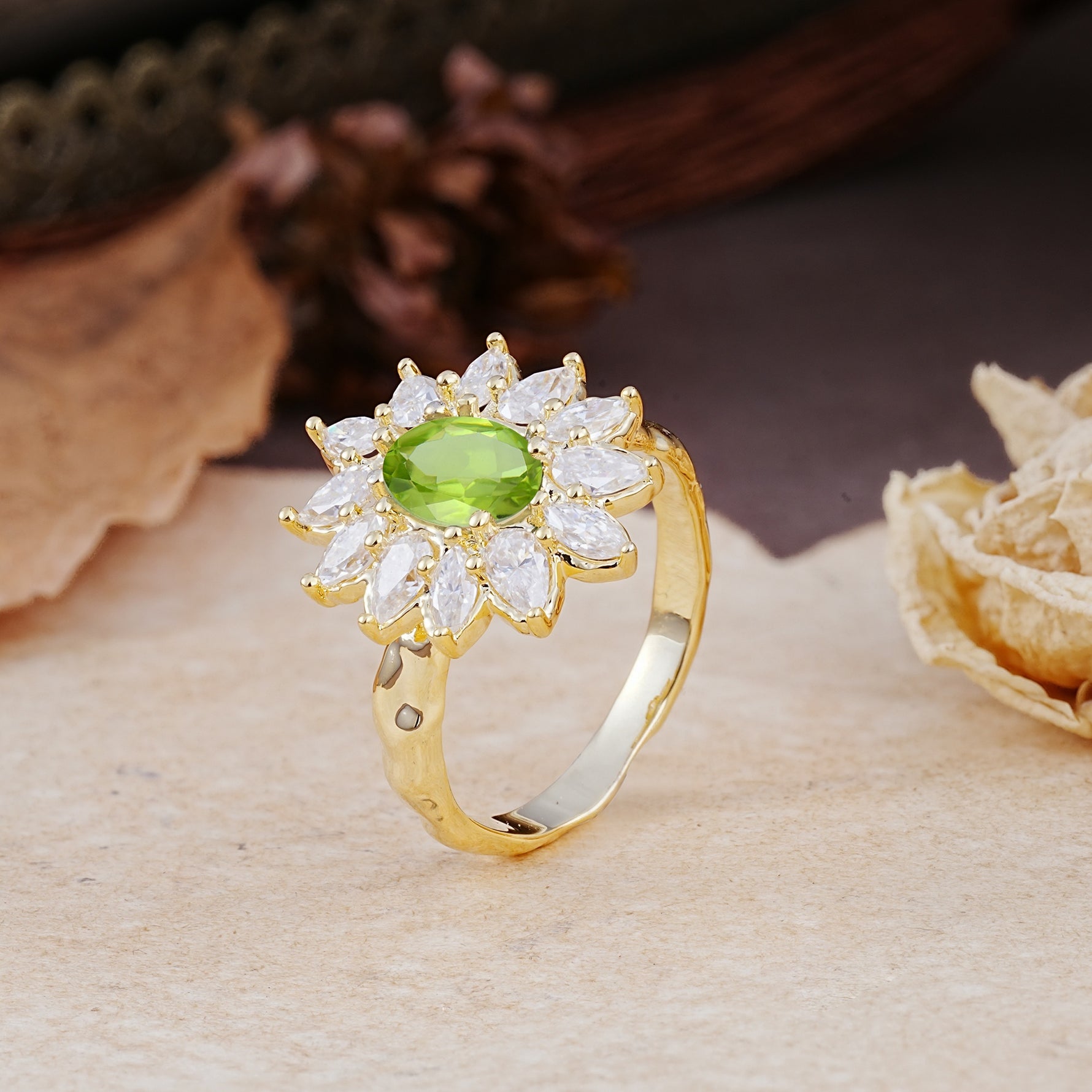 Nature-Inspired, Luxurious, and Unique Sunflower-Style 6-Prong Oval-Cut Peridot Engagement Ring - Additional view