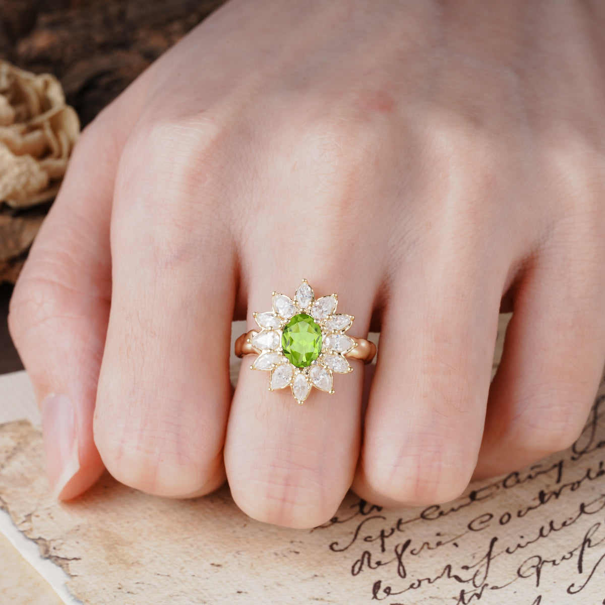 Nature-Inspired, Luxurious, and Unique Sunflower-Style 6-Prong Oval-Cut Peridot Engagement Ring - Additional view