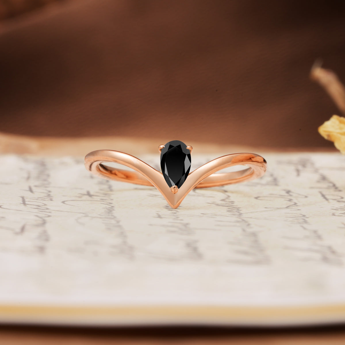 Unique 3-Prong Pear Cut Black Onyx Engagement Ring - Additional view