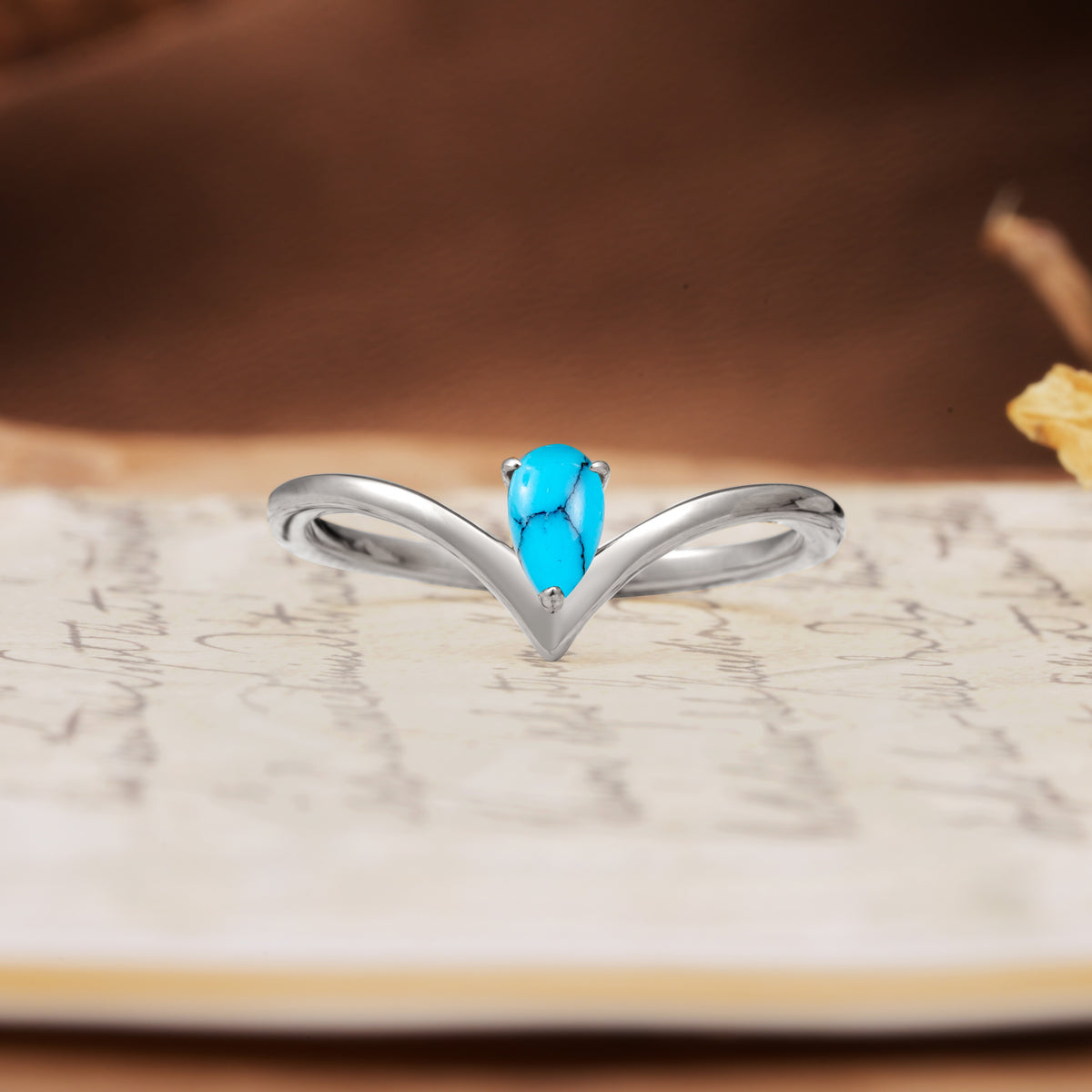 Unique 3-Prong Pear Cut Turquoise Engagement Ring - Additional view
