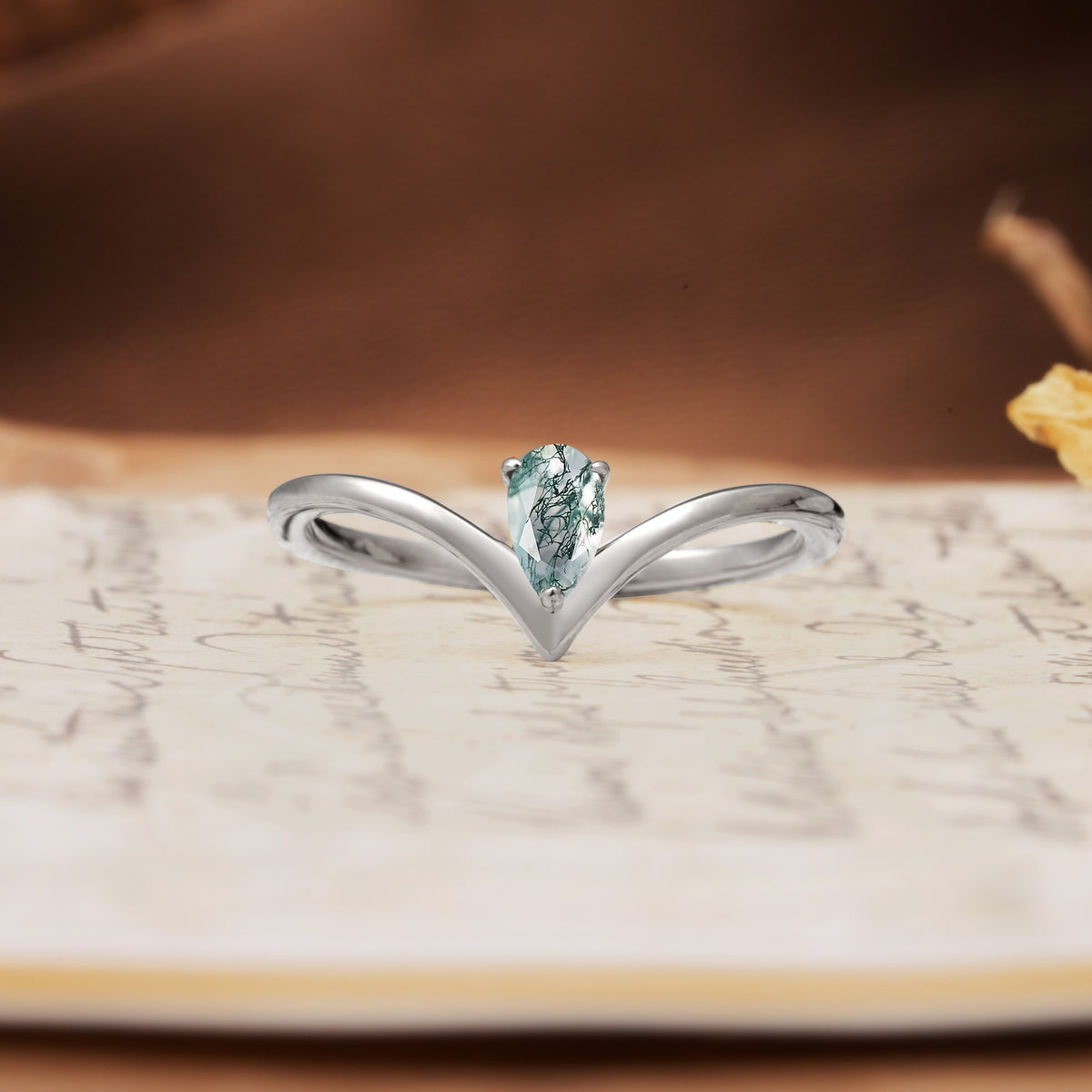 Unique 3-Prong Pear Cut Moss Agate Engagement Ring - Additional view