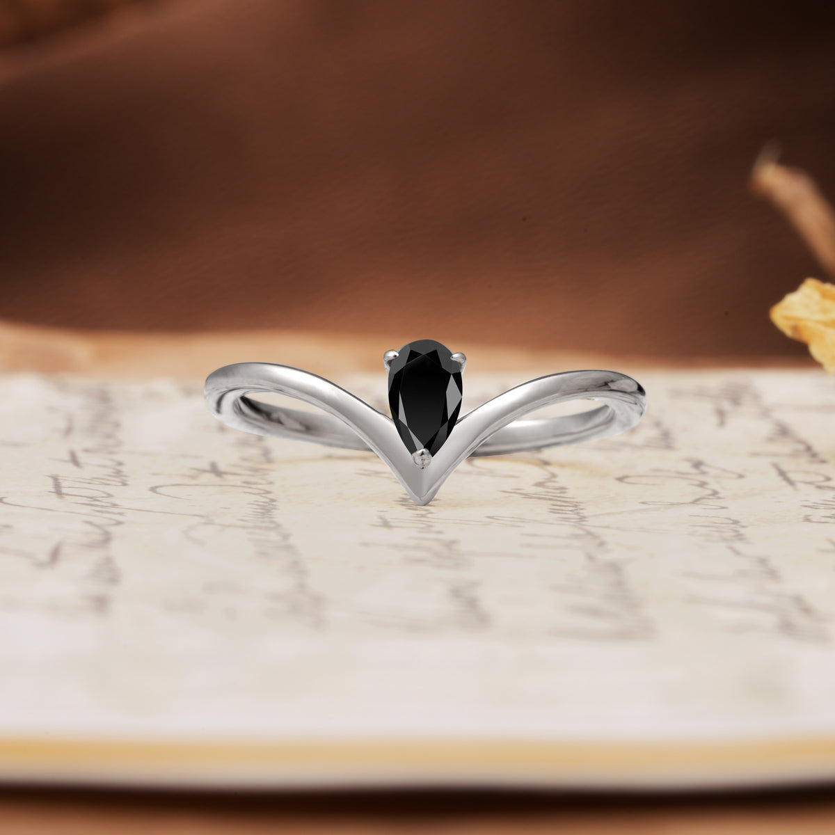 Unique 3-Prong Pear Cut Black Onyx Engagement Ring - Additional view