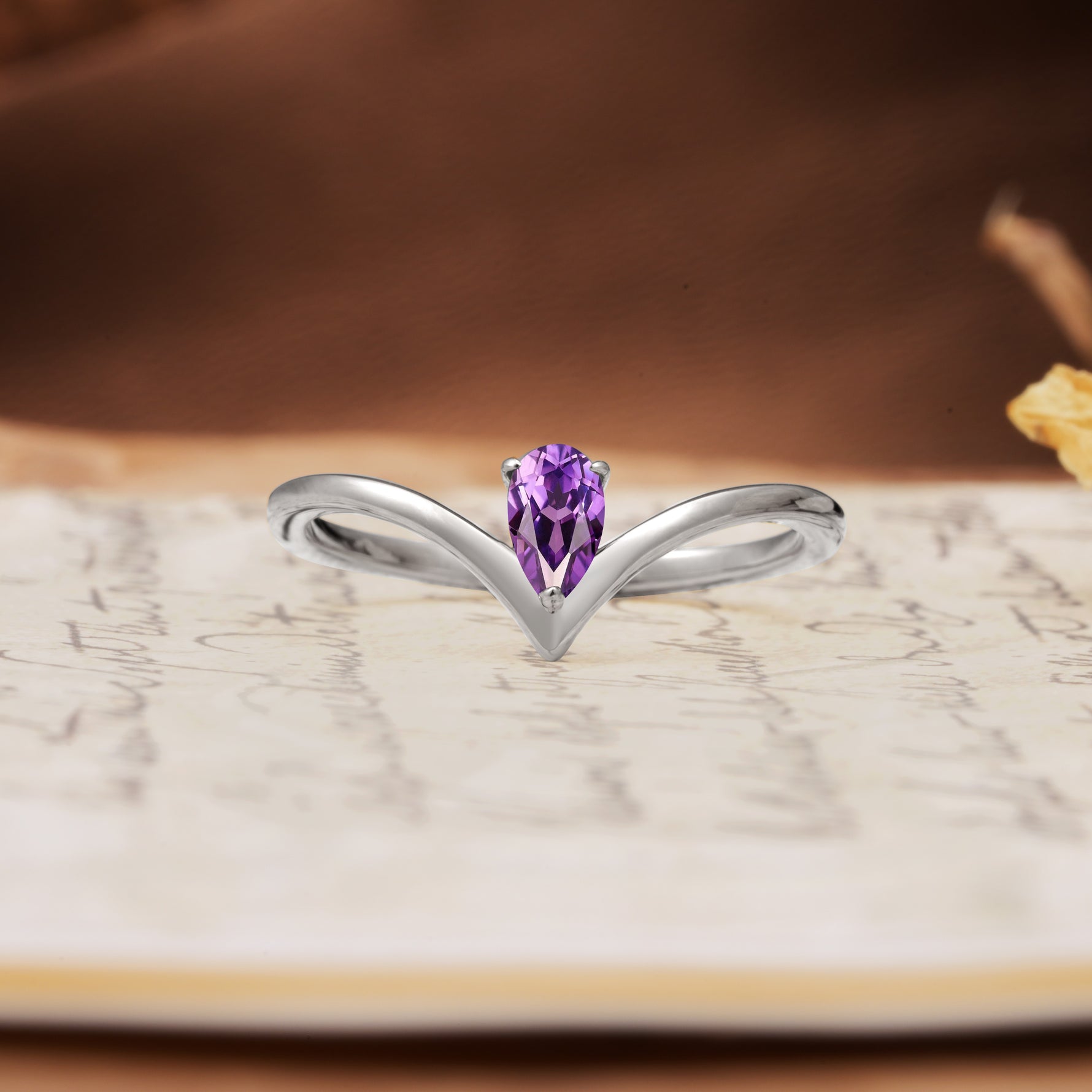 Unique 3-Prong Pear Cut Amethyst Engagement Ring - Additional view