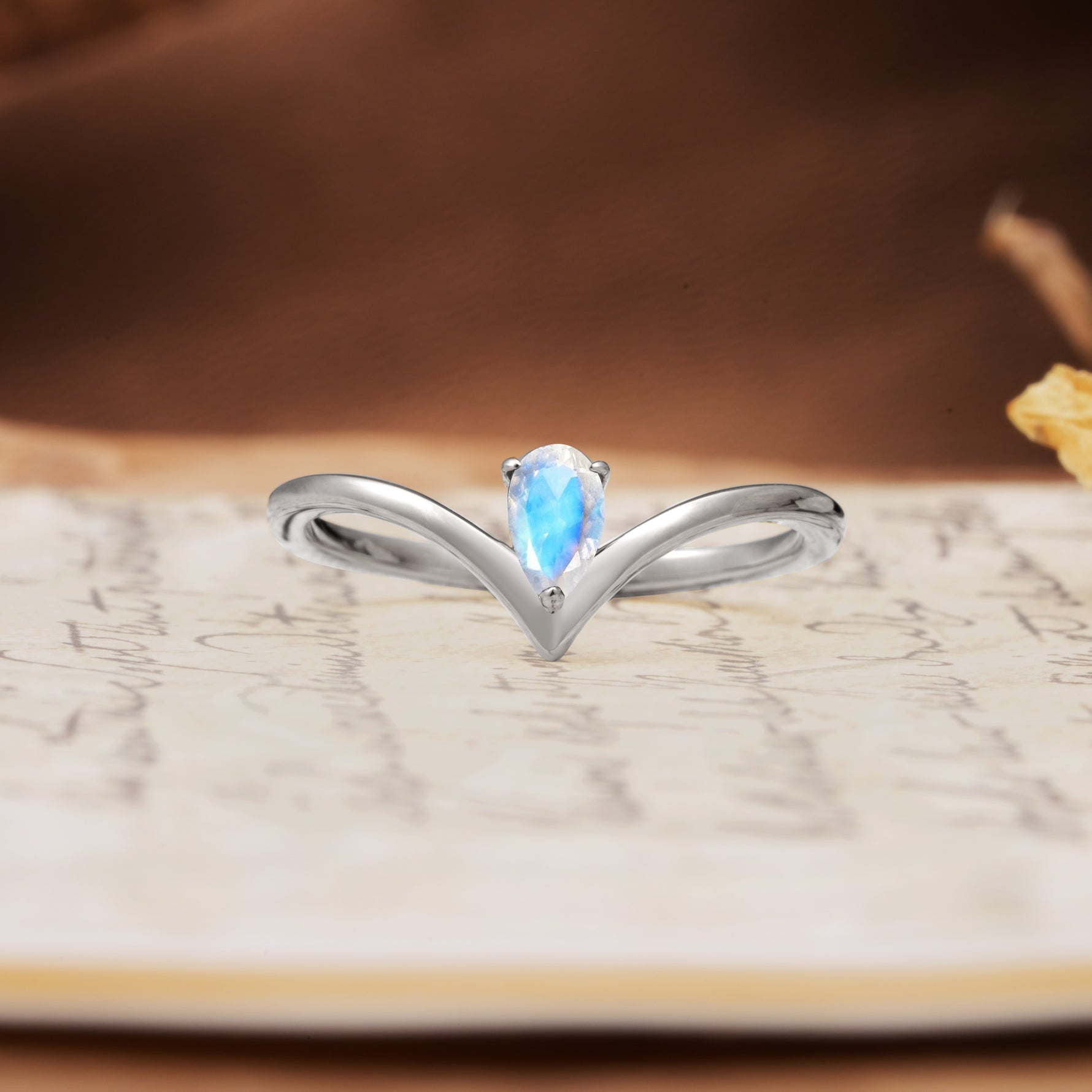 Unique 3-Prong Pear Cut Moonstone Engagement Ring - Additional view