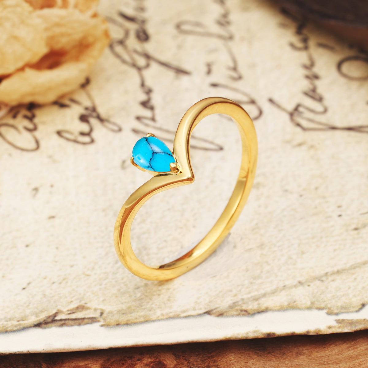 Unique 3-Prong Pear Cut Turquoise Engagement Ring - Additional view
