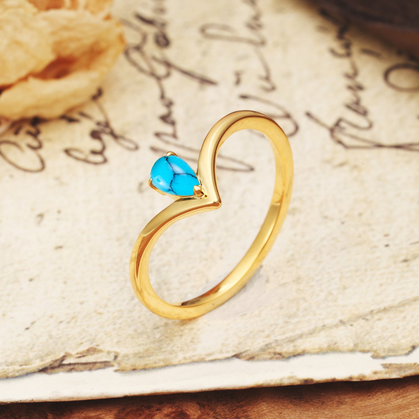Unique 3-Prong Pear Cut Turquoise Engagement Ring - Additional view