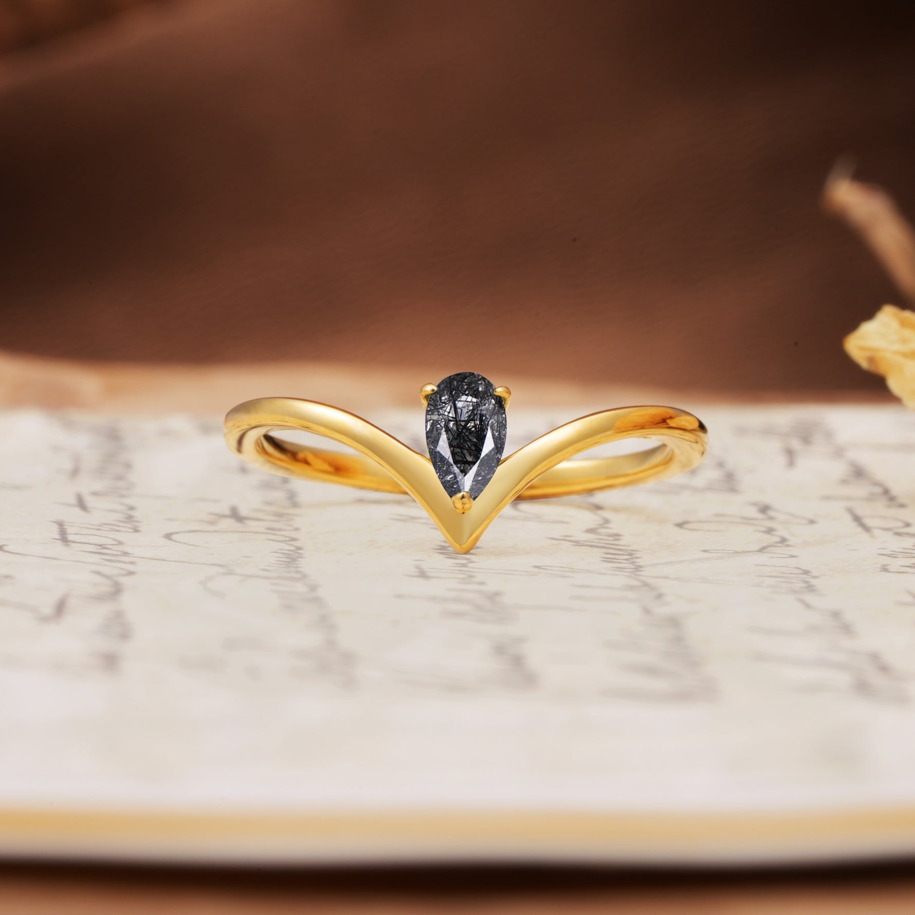 Unique 3-Prong Pear Cut Black Rutilated Quartz Engagement Ring - Additional view