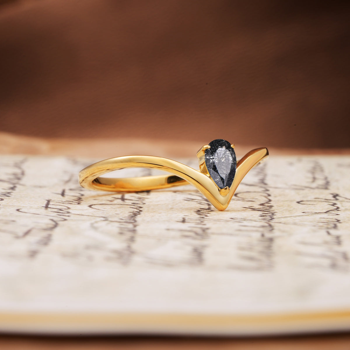 Unique 3-Prong Pear Cut Black Rutilated Quartz Engagement Ring - Additional view