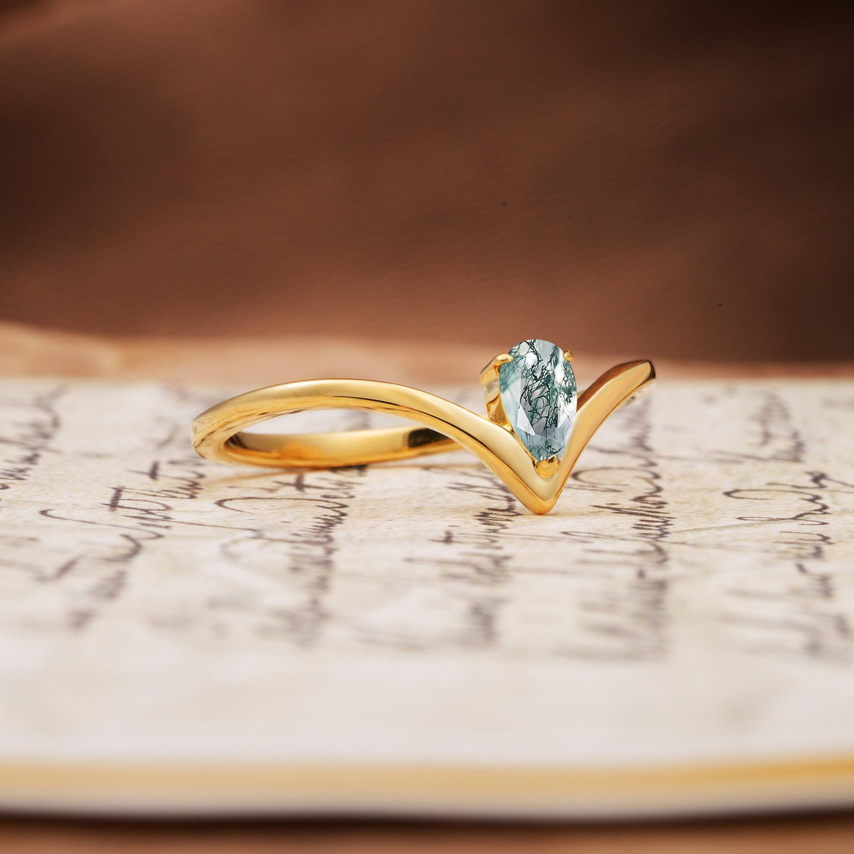 Unique 3-Prong Pear Cut Moss Agate Engagement Ring - Additional view