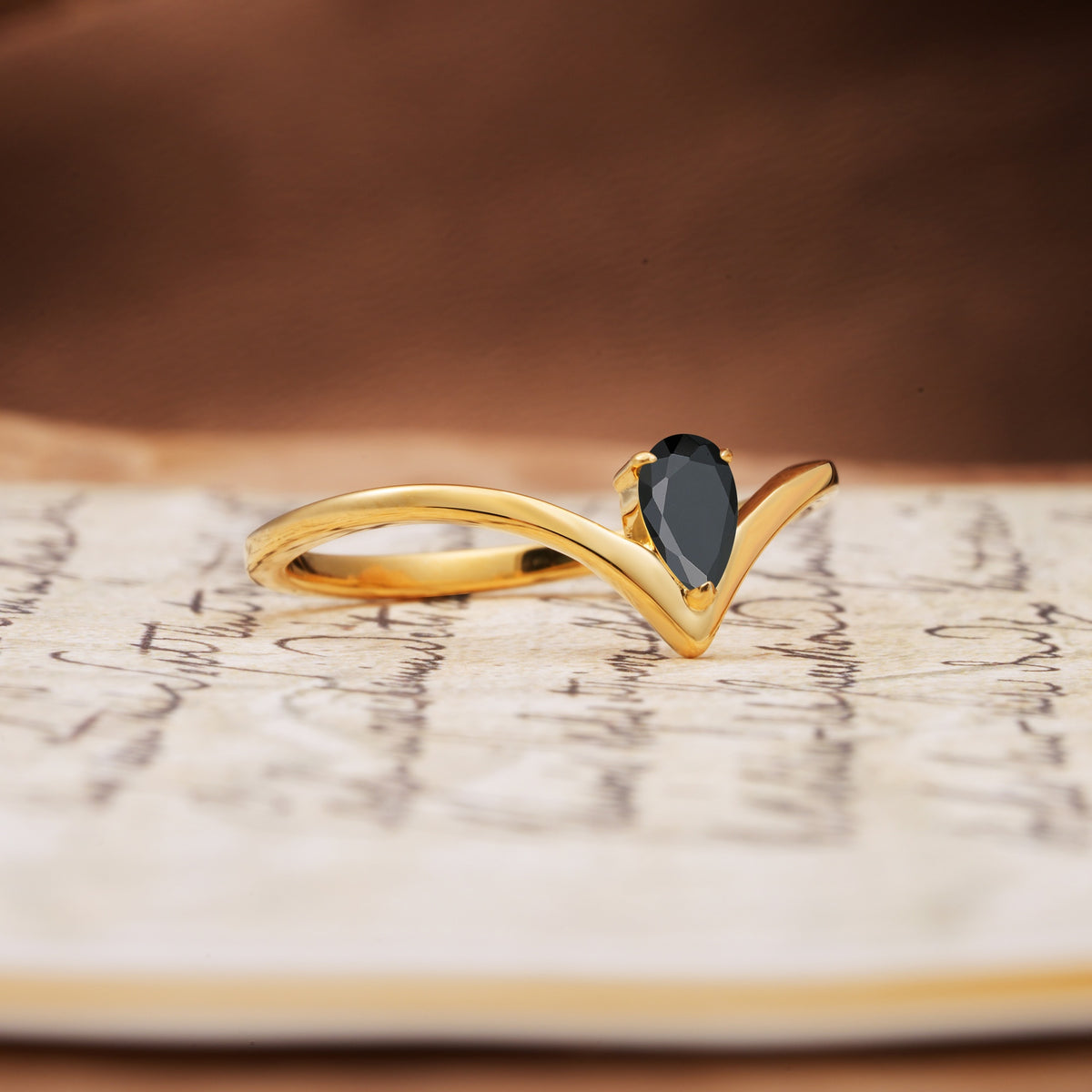 Unique 3-Prong Pear Cut Black Onyx Engagement Ring - Additional view