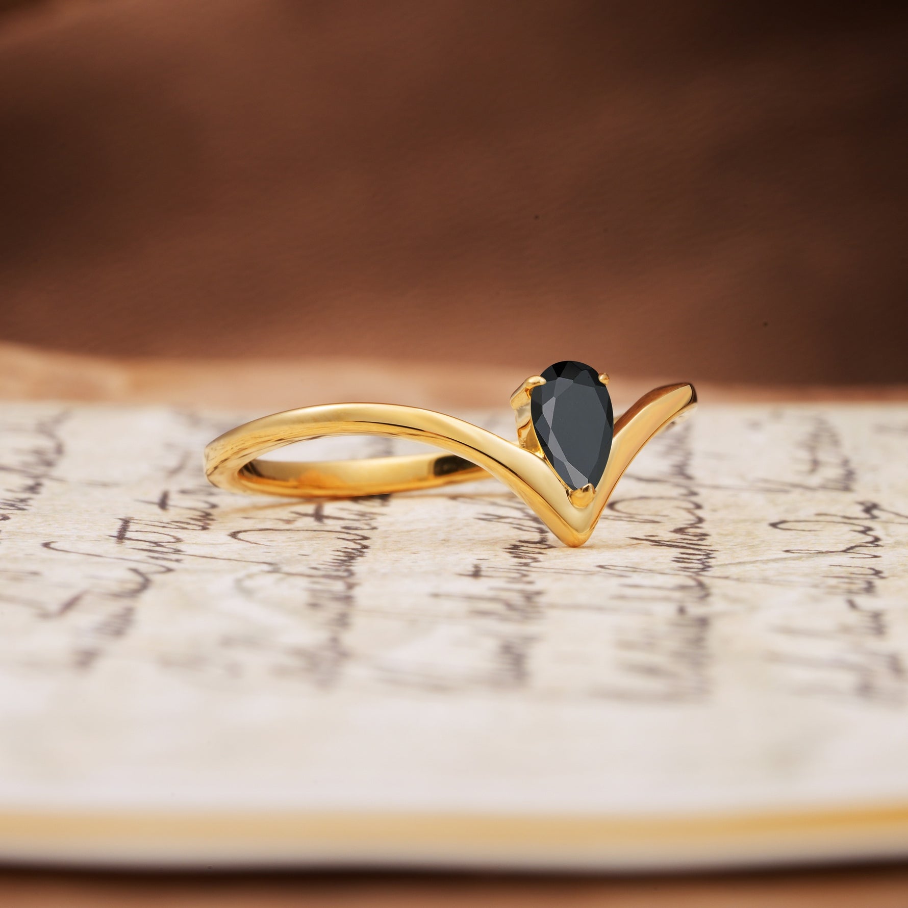 Unique 3-Prong Pear Cut Black Onyx Engagement Ring - Additional view