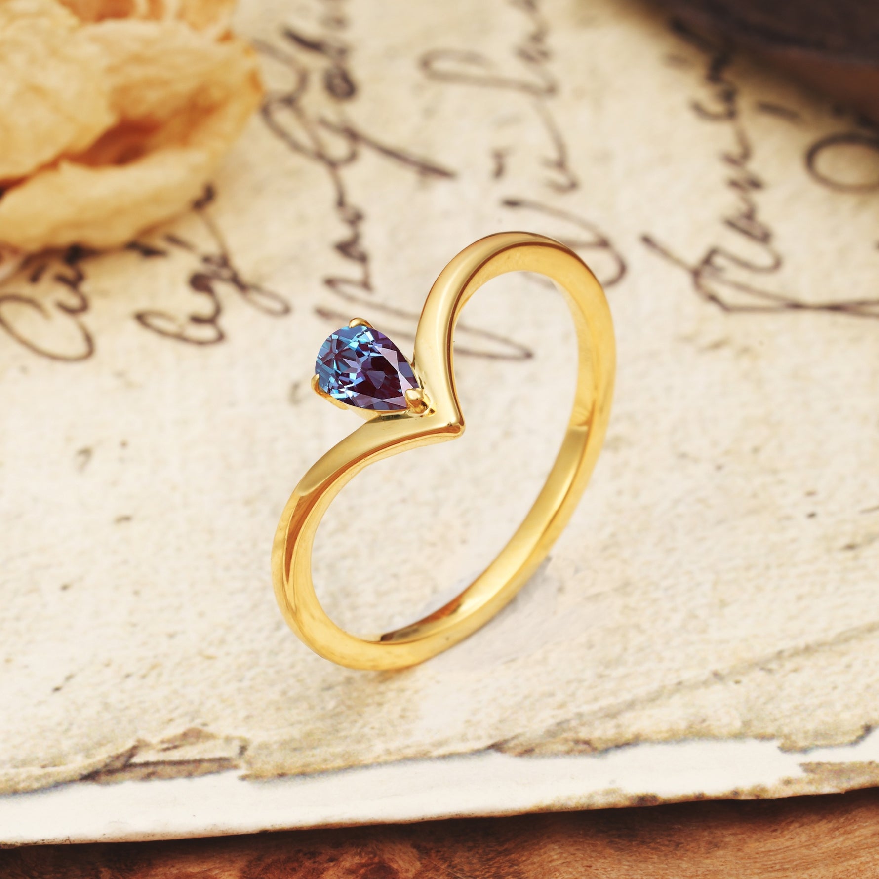 Unique 3-Prong Pear Cut Alexandrite Engagement Ring - Additional view