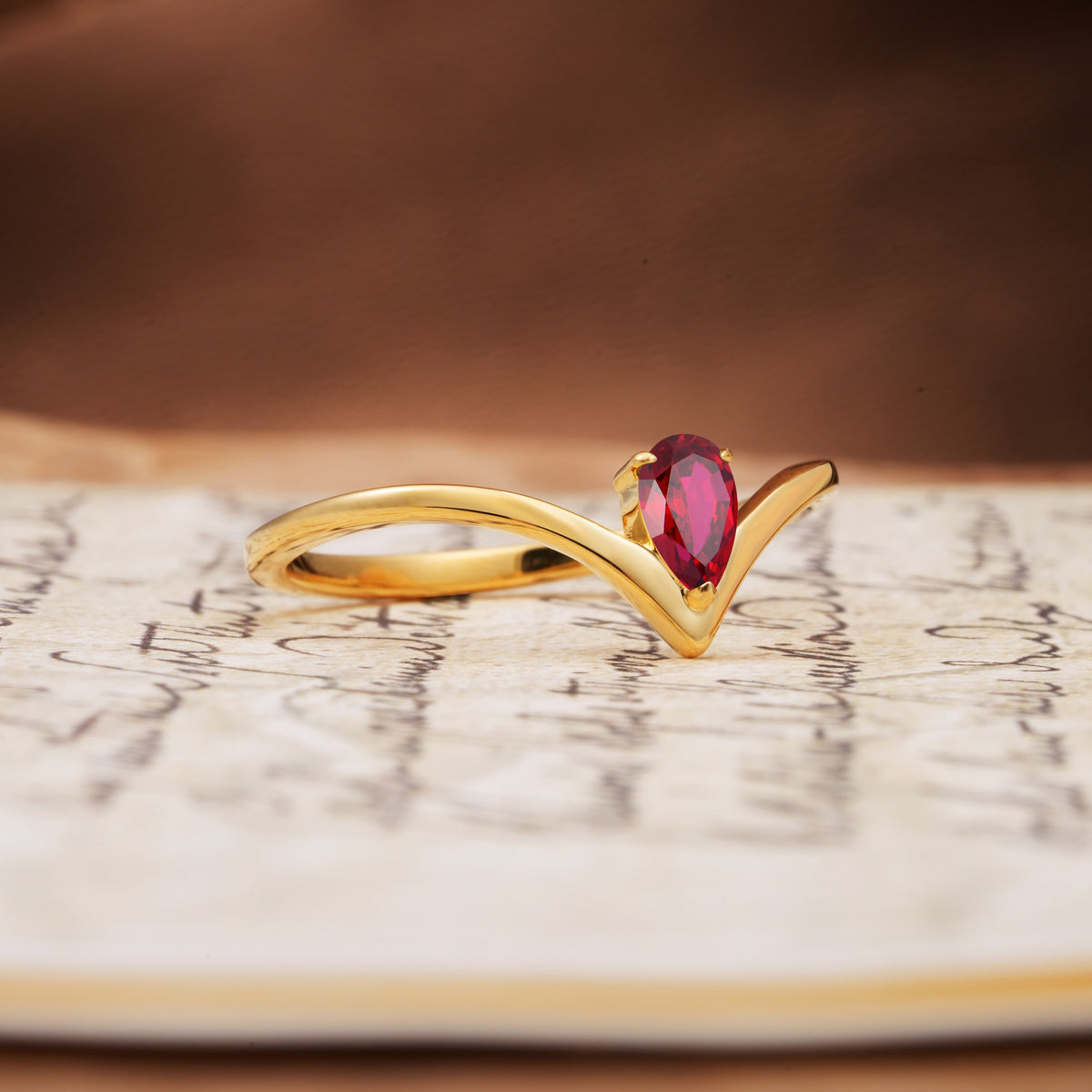 Unique 3-Prong Pear Cut Ruby Engagement Ring - Additional view