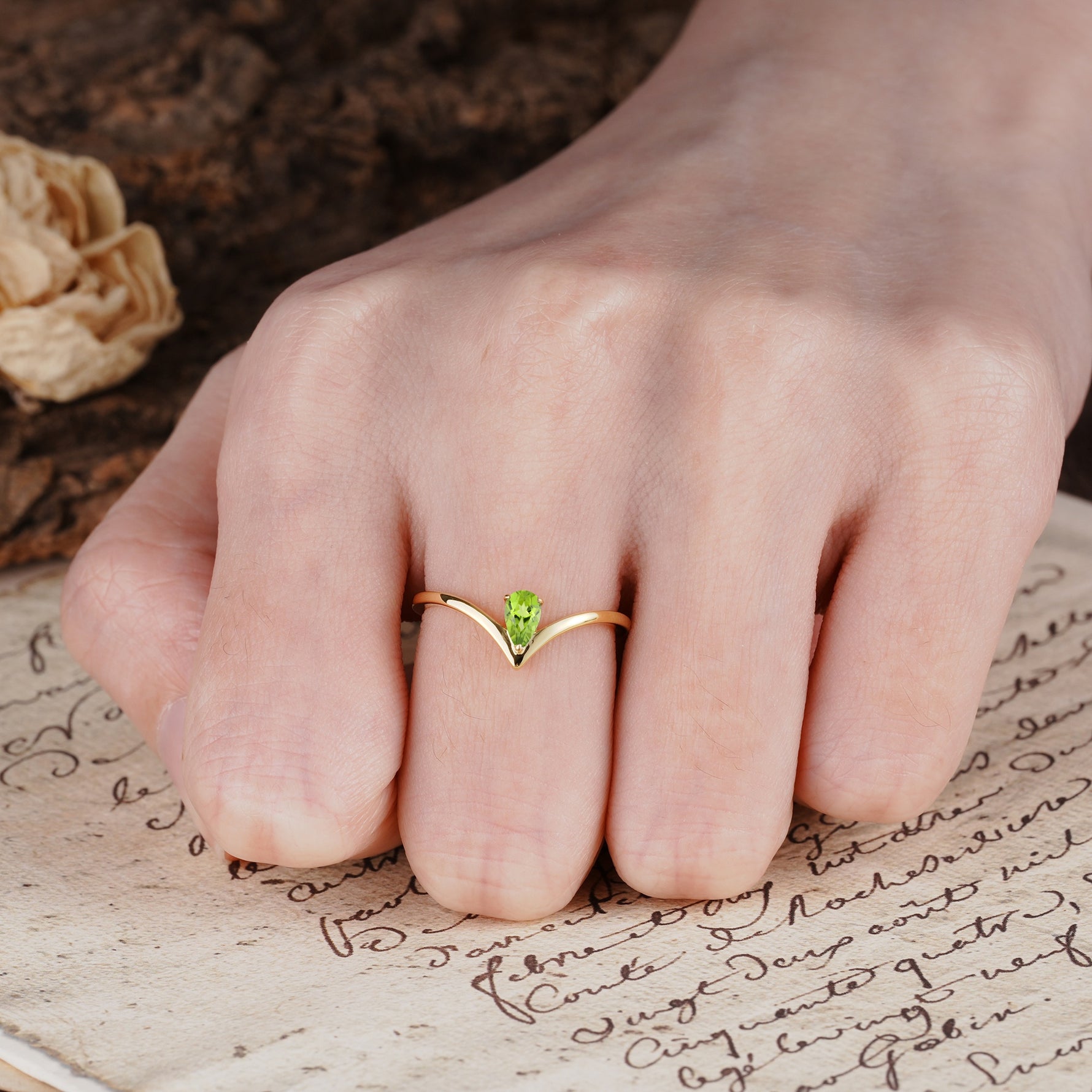 Unique 3-Prong Pear Cut Peridot Engagement Ring - Additional view