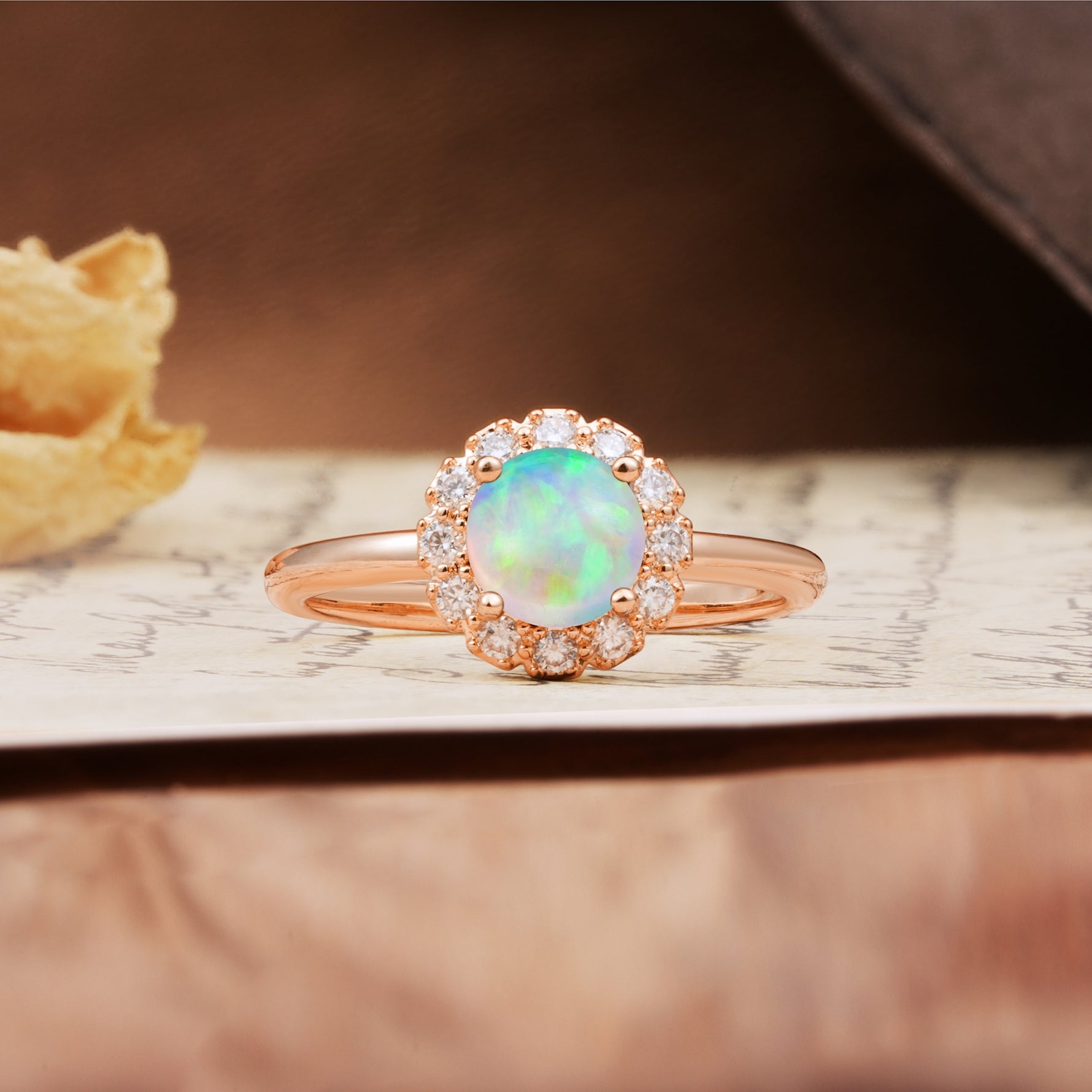 Classic Retro Unique 4-Prong Round Cut Fire Opal Engagement Ring - Additional view