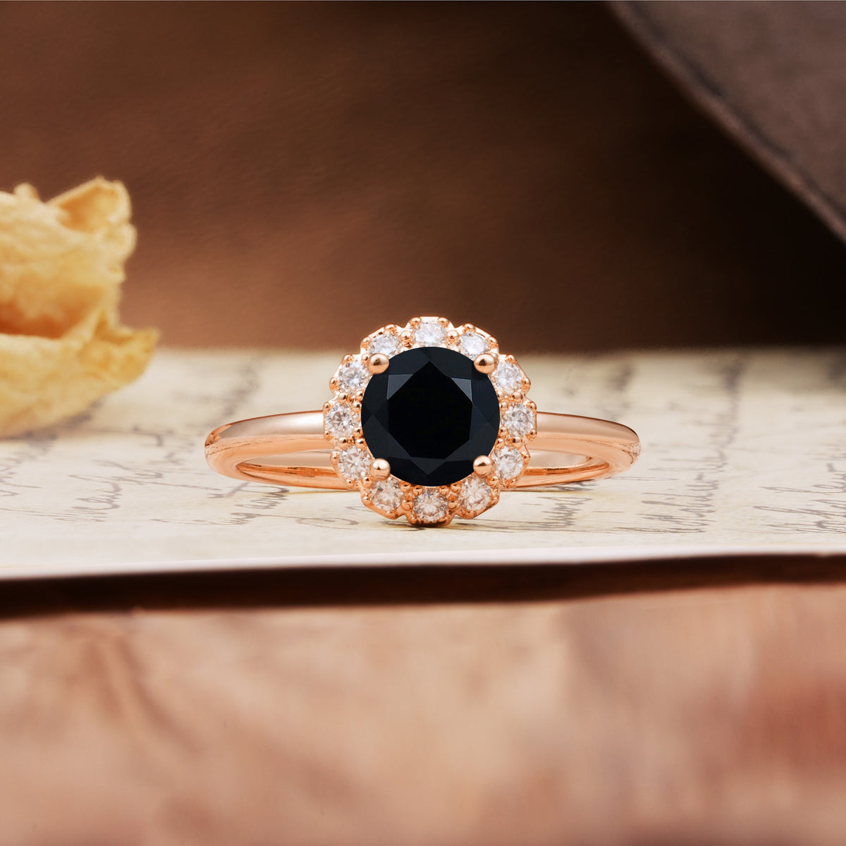 Classic Retro Unique 4-Prong Round Cut Black Onyx Engagement Ring - Additional view