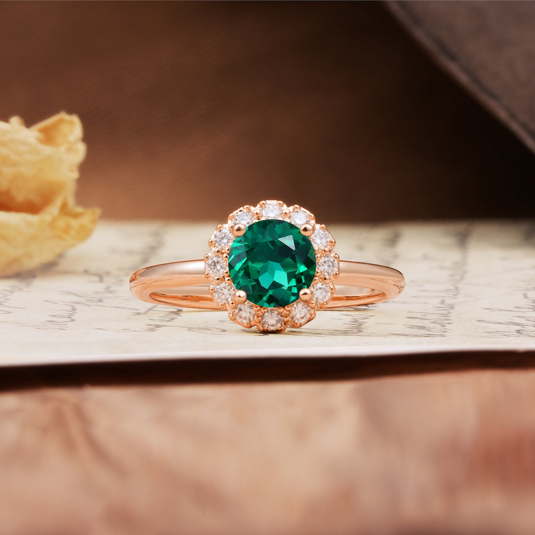 Classic Retro Unique 4-Prong Round Cut Emerald Engagement Ring - Additional view