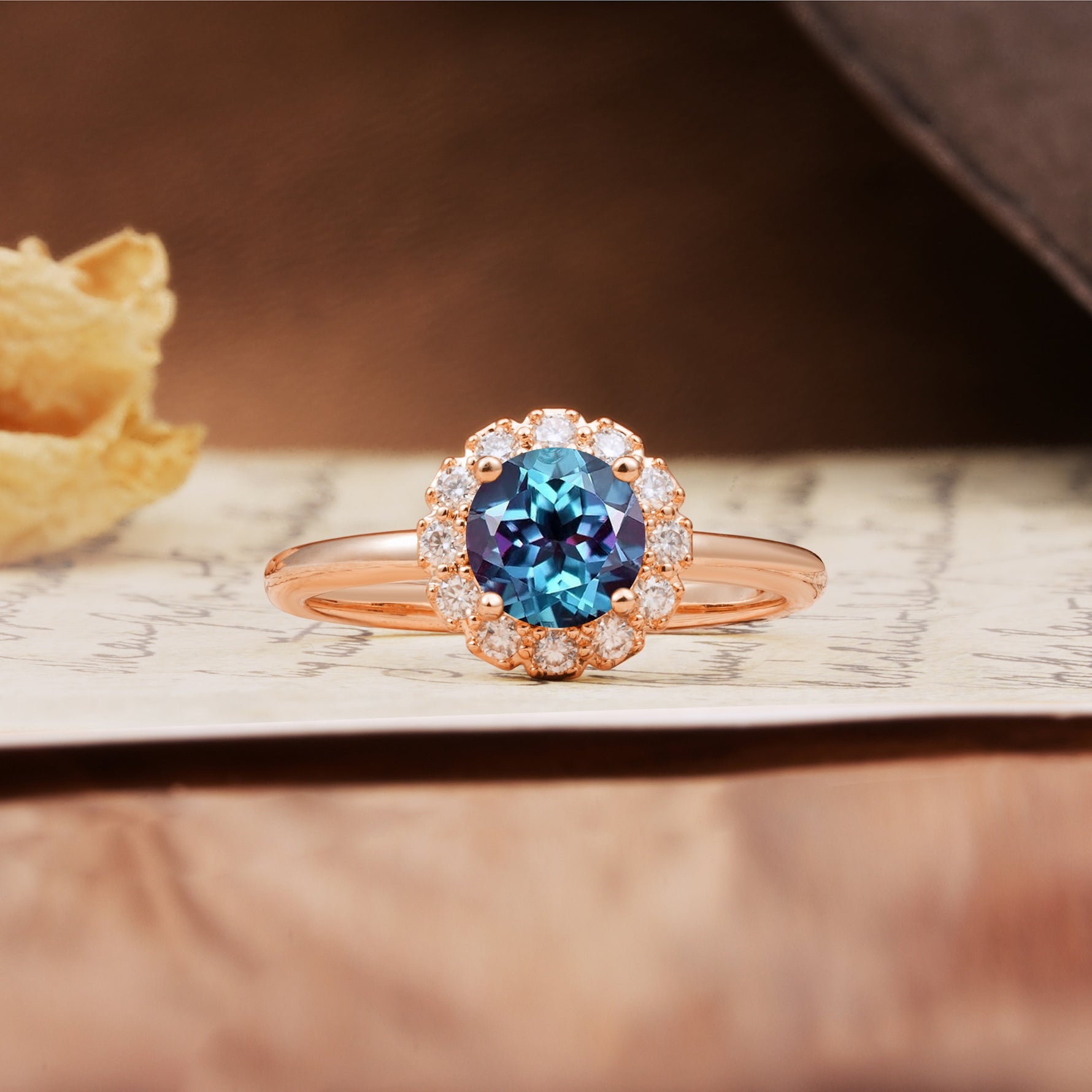 Classic Retro Unique 4-Prong Round Cut Alexandrite Engagement Ring - Additional view