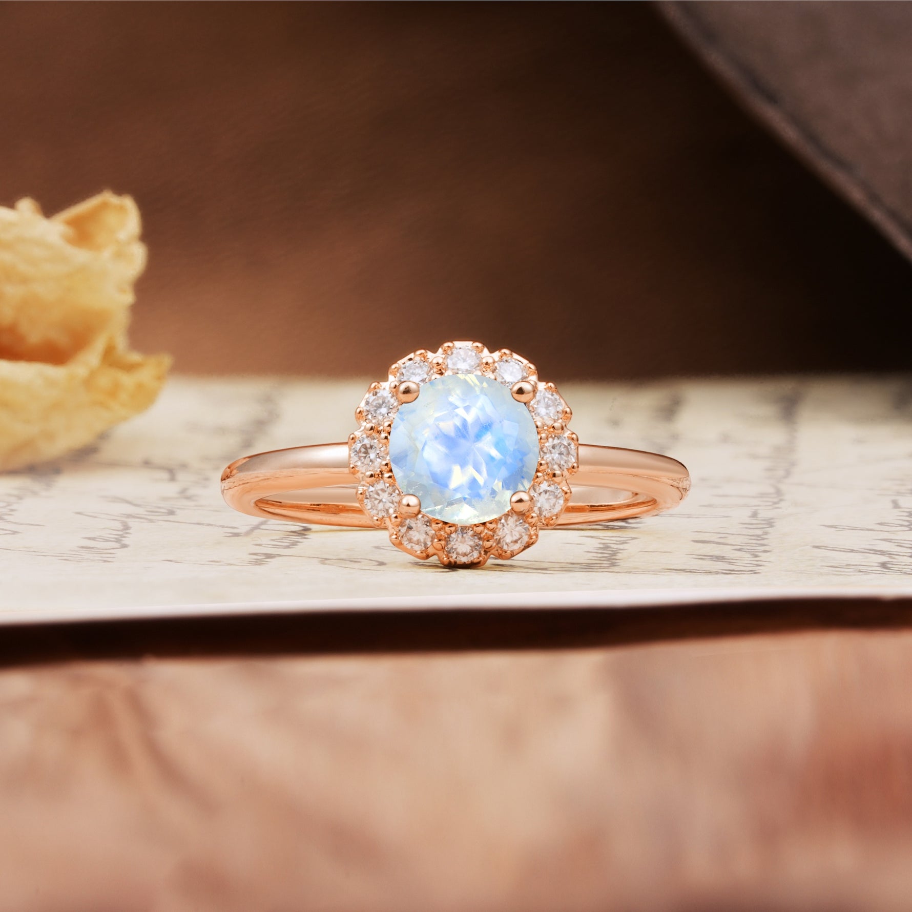Classic Retro Unique 4-Prong Round Cut Moonstone Engagement Ring - Additional view