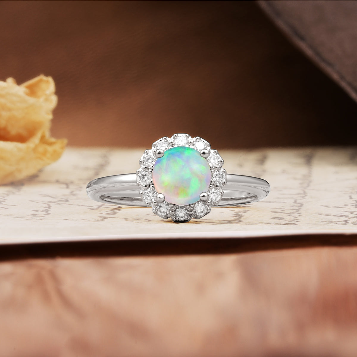 Classic Retro Unique 4-Prong Round Cut Fire Opal Engagement Ring - Additional view