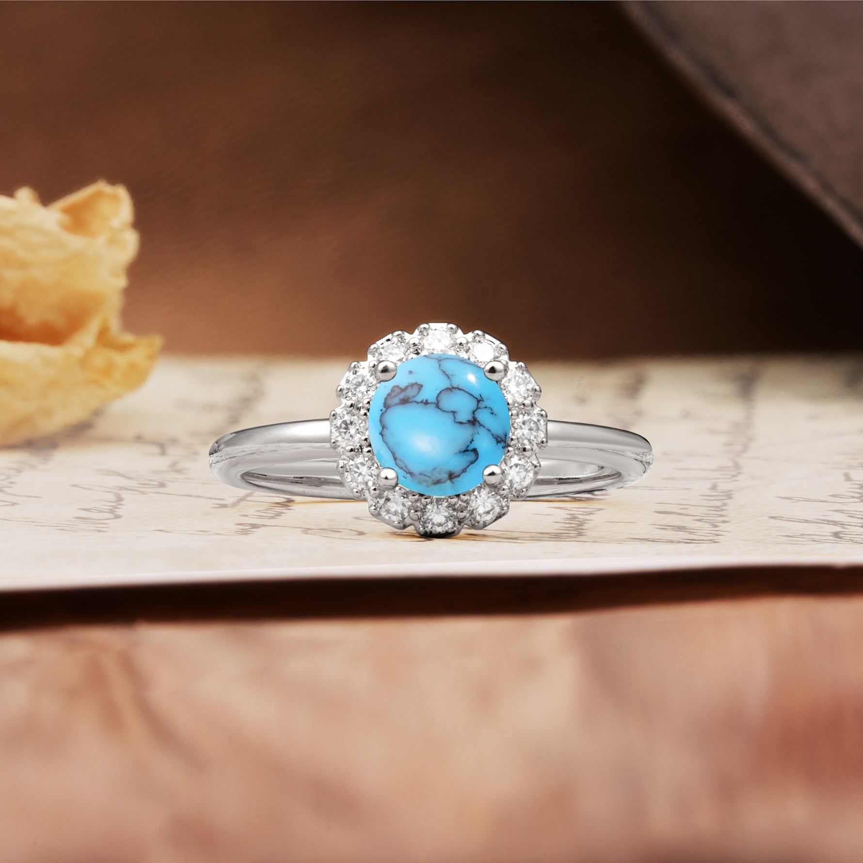 Classic Retro Unique 4-Prong Round Cut Turquoise Engagement Ring - Additional view