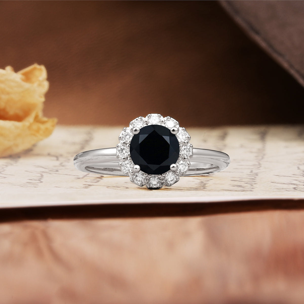 Classic Retro Unique 4-Prong Round Cut Black Onyx Engagement Ring - Additional view