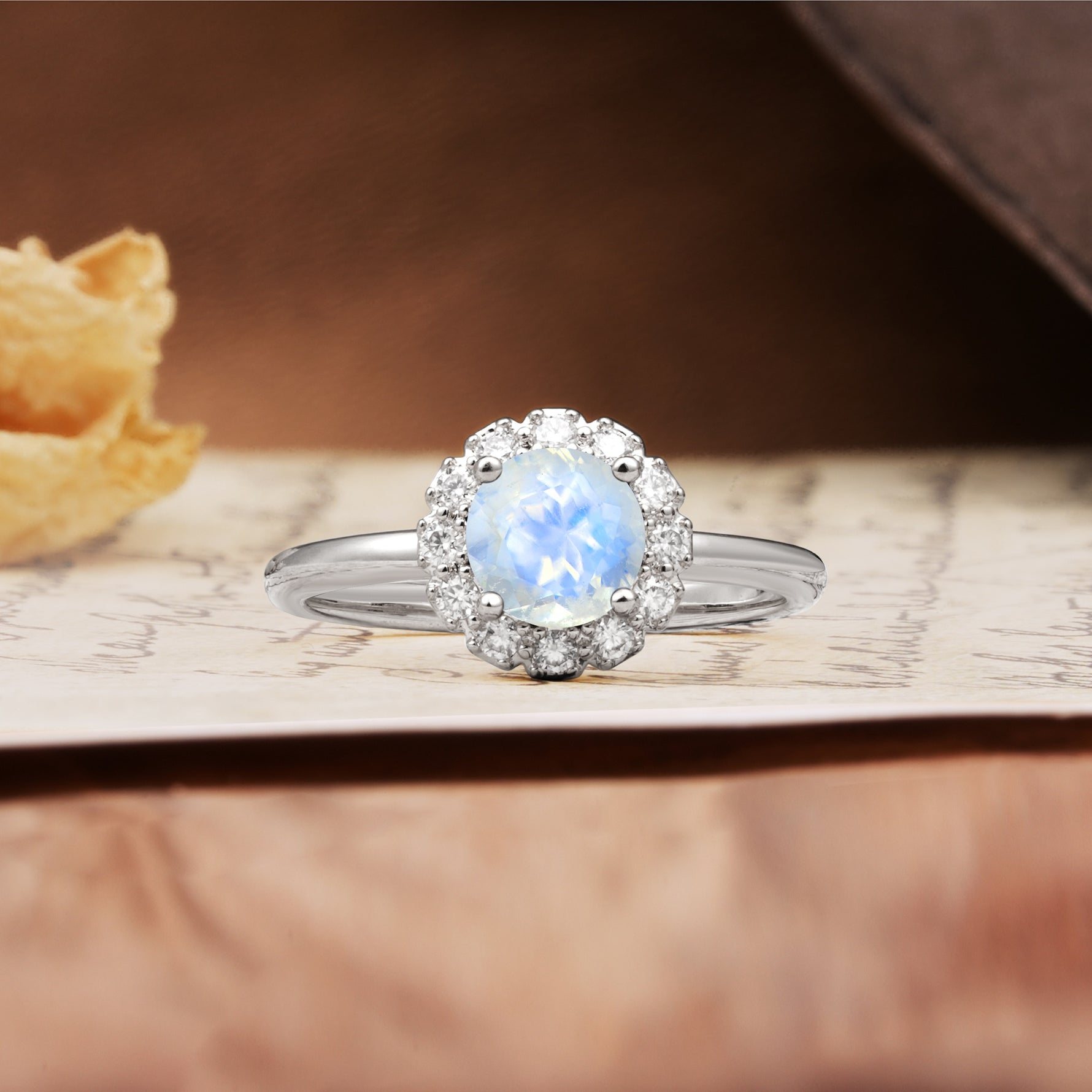 Classic Retro Unique 4-Prong Round Cut Moonstone Engagement Ring - Additional view
