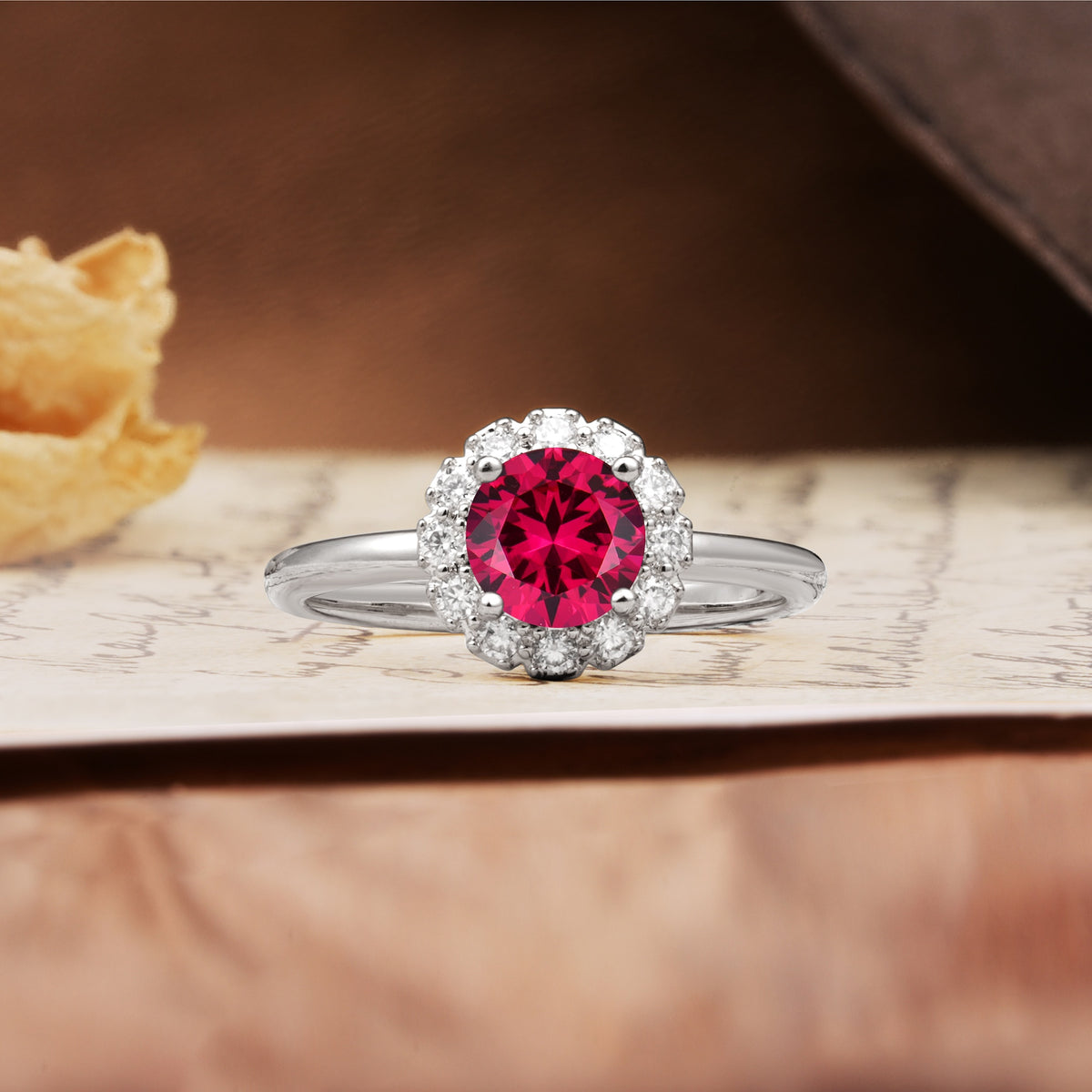 Classic Retro Unique 4-Prong Round Cut Ruby Engagement Ring - Additional view