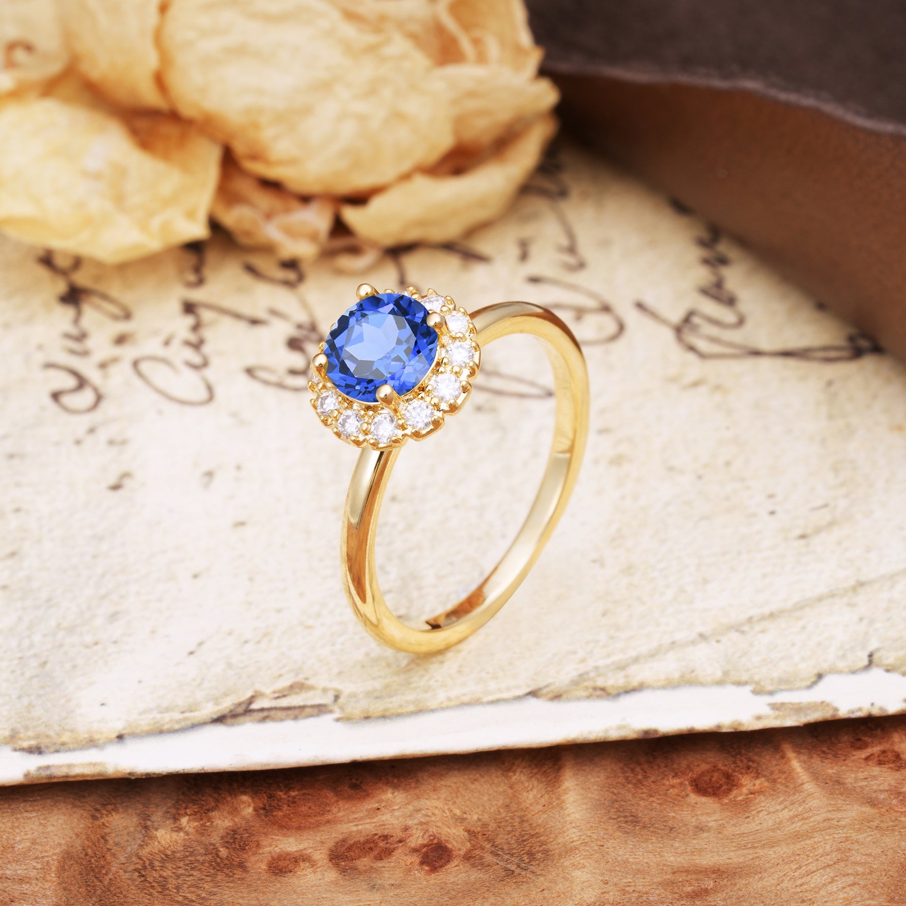 Classic Retro Unique 4-Prong Round Cut Sapphire Engagement Ring - Additional view