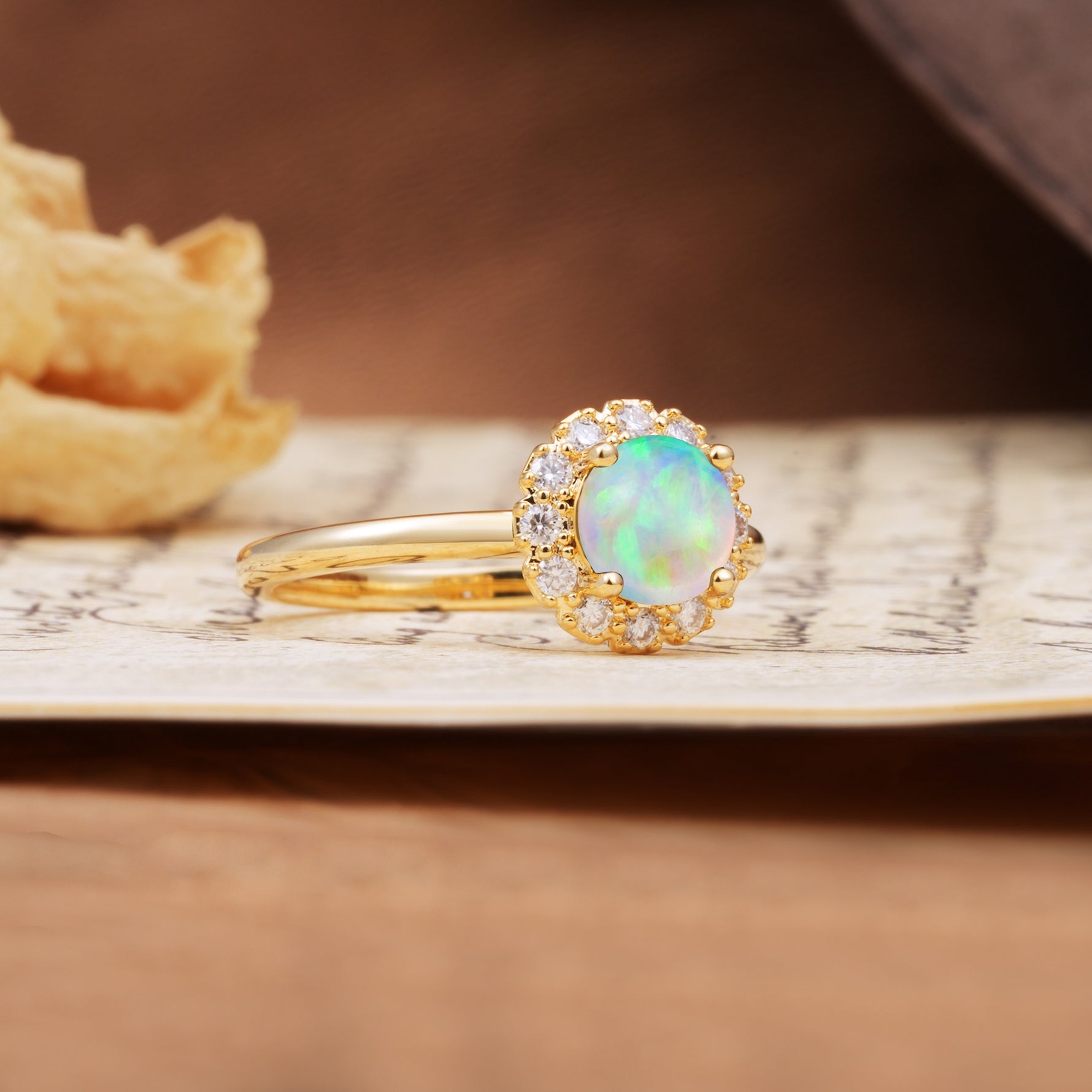 Classic Retro Unique 4-Prong Round Cut Fire Opal Engagement Ring - Additional view