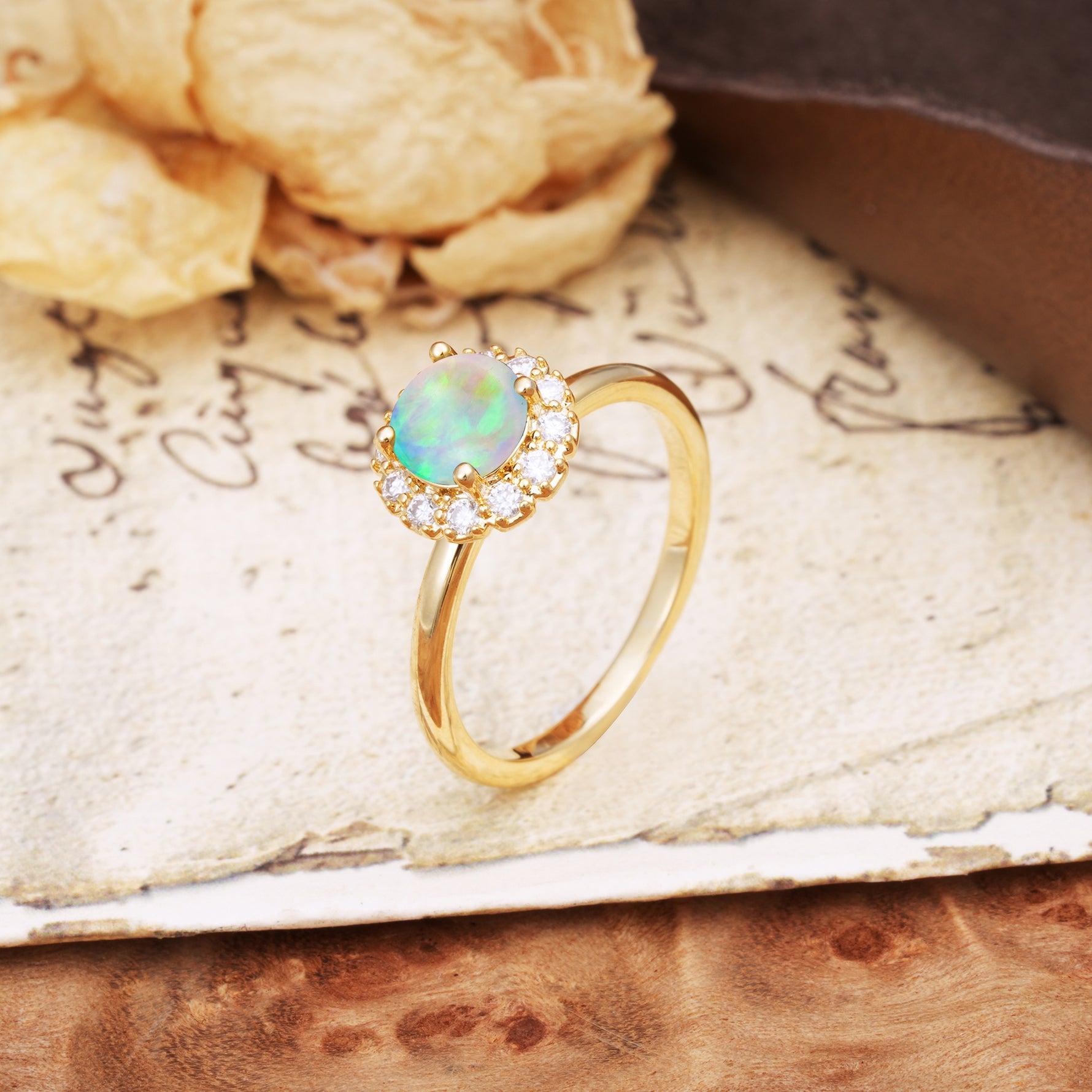 Classic Retro Unique 4-Prong Round Cut Fire Opal Engagement Ring - Additional view