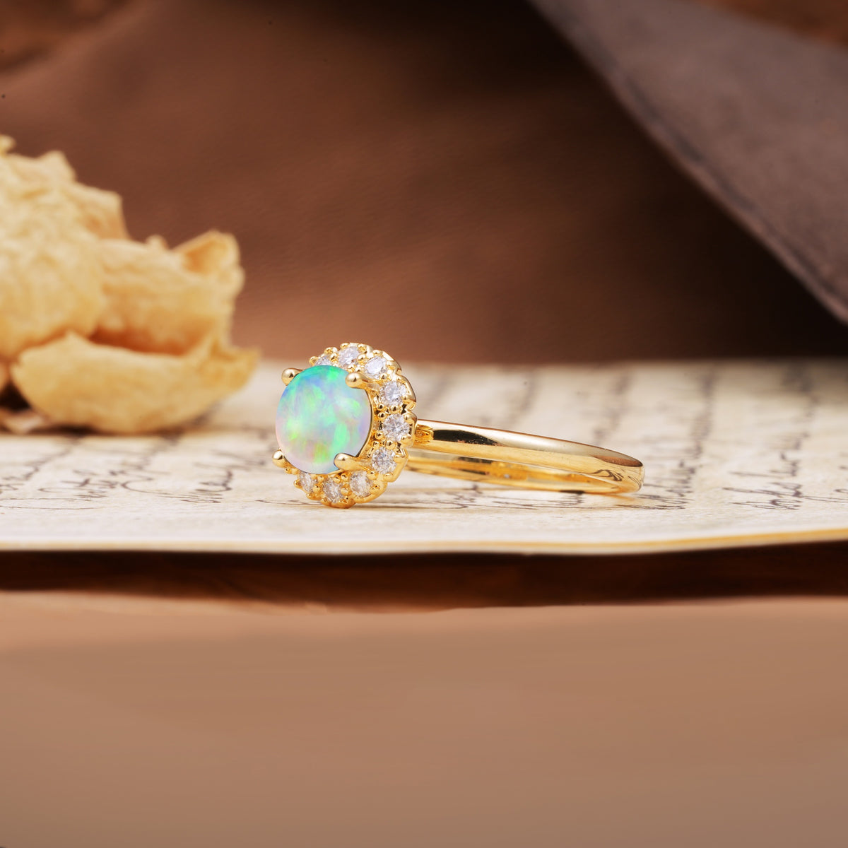 Classic Retro Unique 4-Prong Round Cut Fire Opal Engagement Ring - Additional view