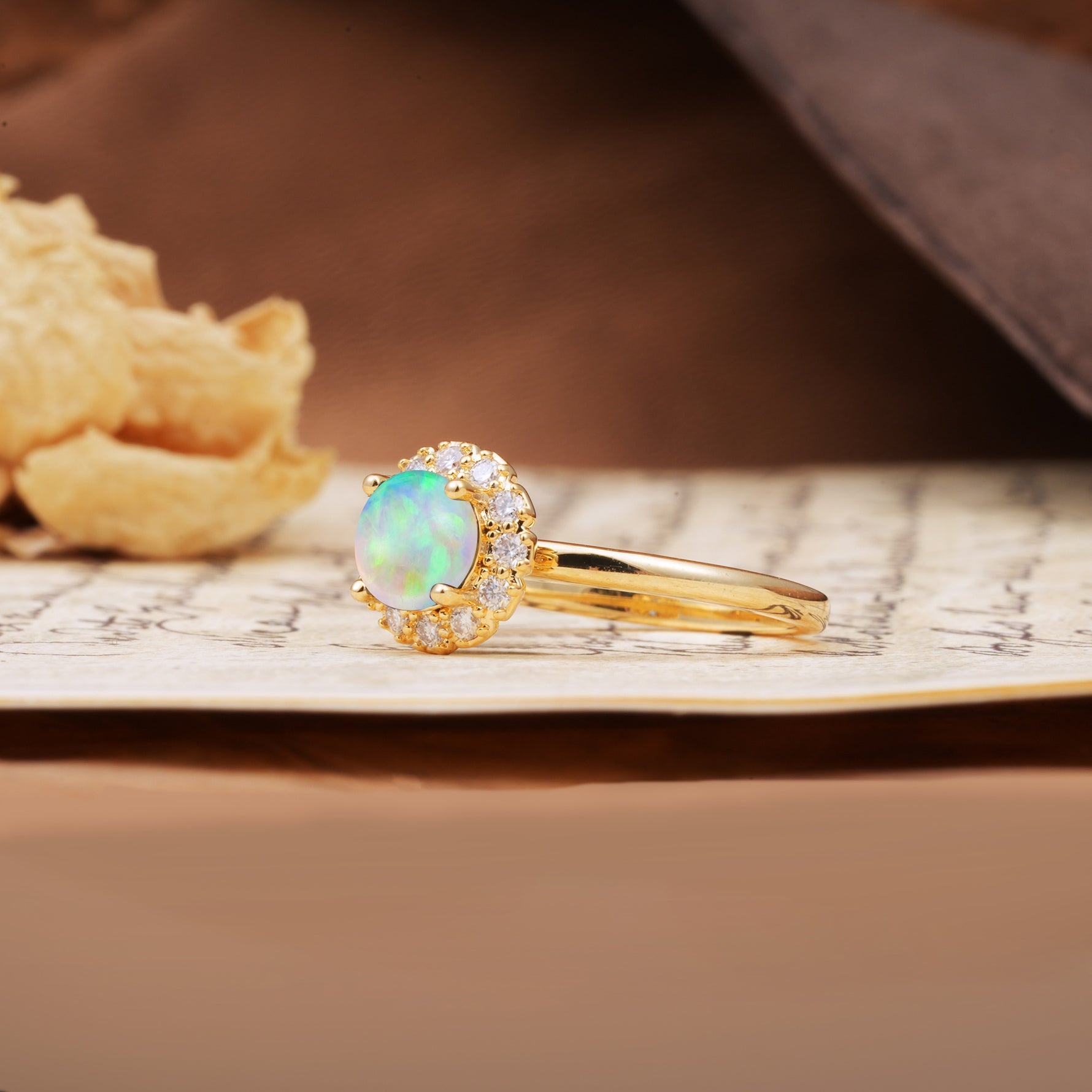 Classic Retro Unique 4-Prong Round Cut Fire Opal Engagement Ring - Additional view