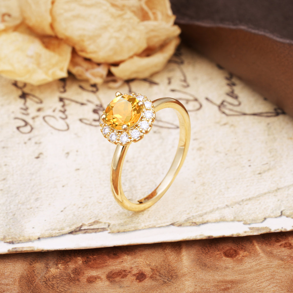 Classic Retro Unique 4-Prong Round Cut Citrine Engagement Ring - Additional view