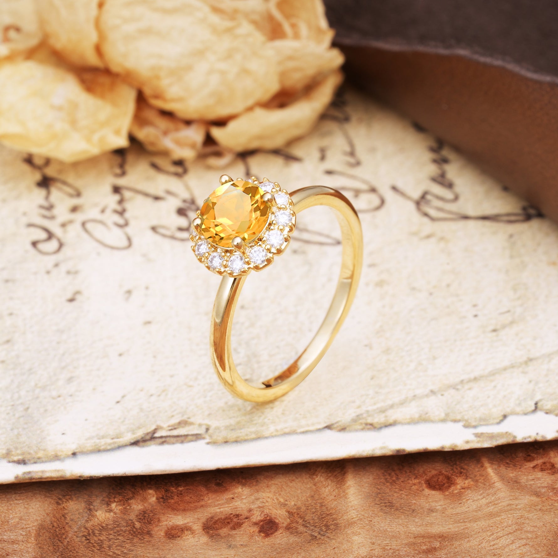 Classic Retro Unique 4-Prong Round Cut Citrine Engagement Ring - Additional view