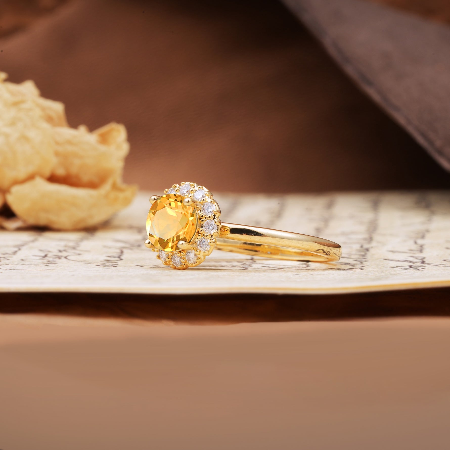 Classic Retro Unique 4-Prong Round Cut Citrine Engagement Ring - Additional view