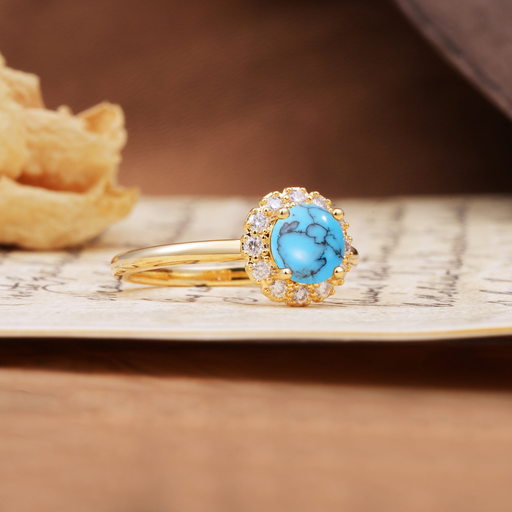 Classic Retro Unique 4-Prong Round Cut Turquoise Engagement Ring - Additional view
