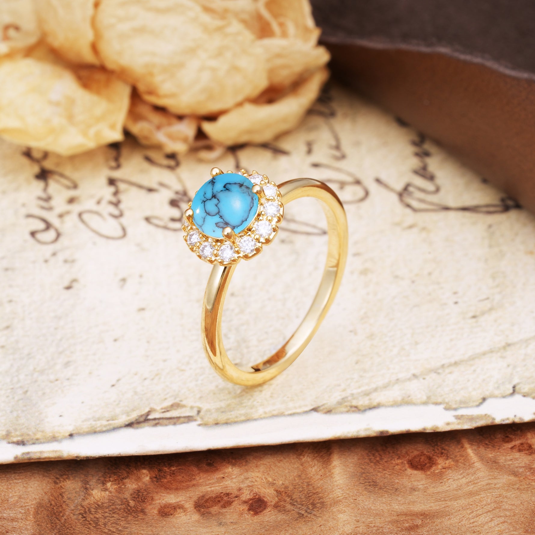 Classic Retro Unique 4-Prong Round Cut Turquoise Engagement Ring - Additional view