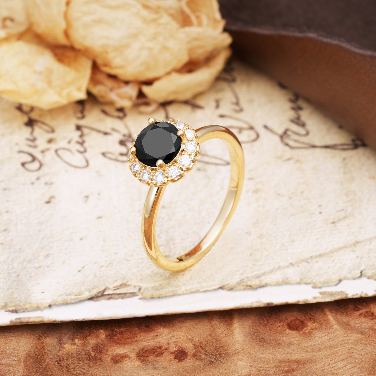 Classic Retro Unique 4-Prong Round Cut Black Onyx Engagement Ring - Additional view