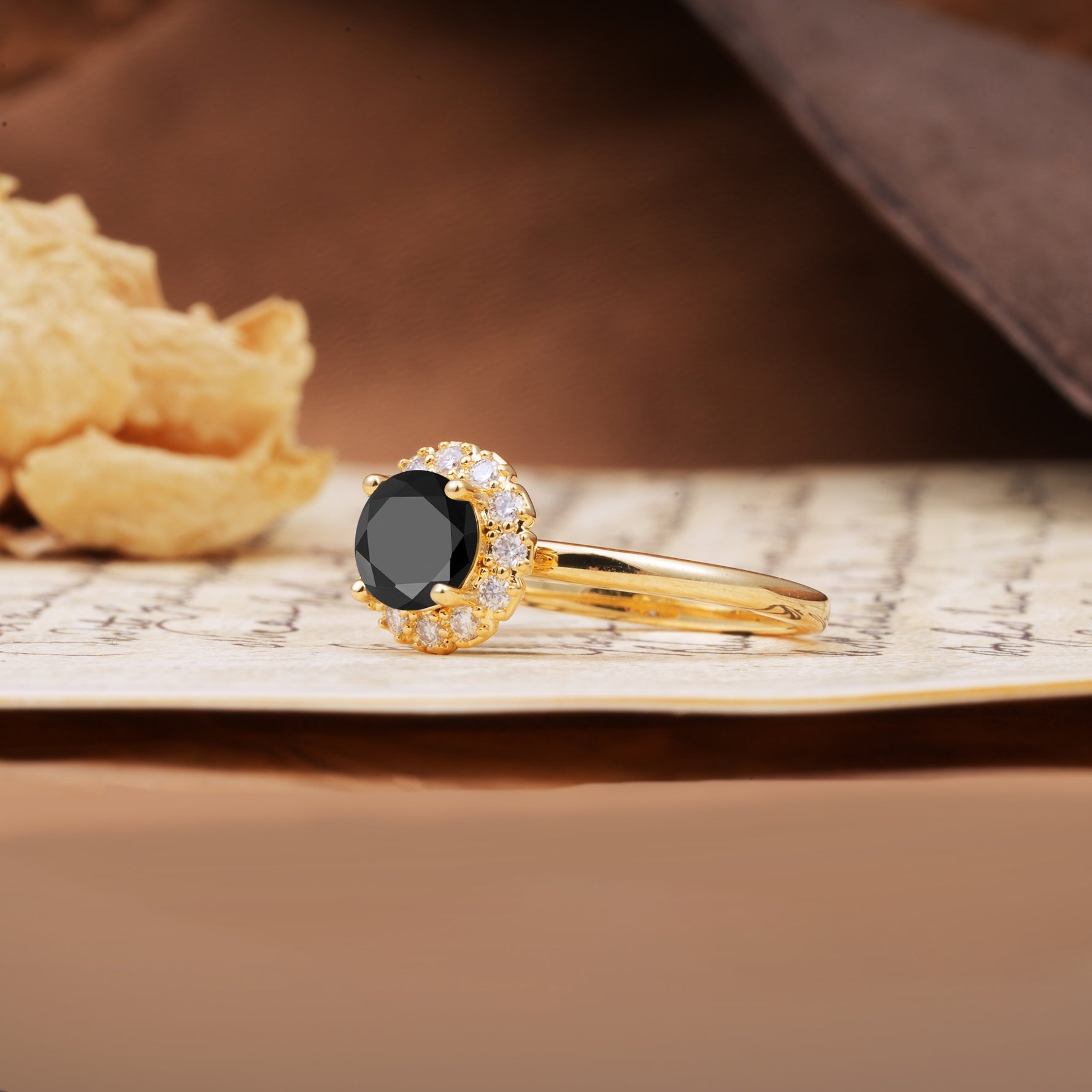 Classic Retro Unique 4-Prong Round Cut Black Onyx Engagement Ring - Additional view