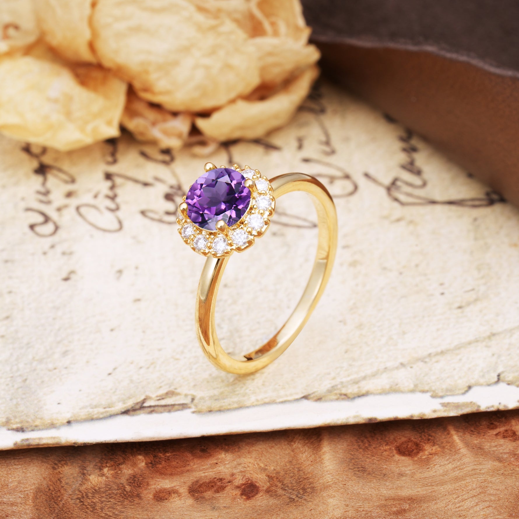 Classic Retro Unique 4-Prong Round Cut Amethyst Engagement Ring - Additional view