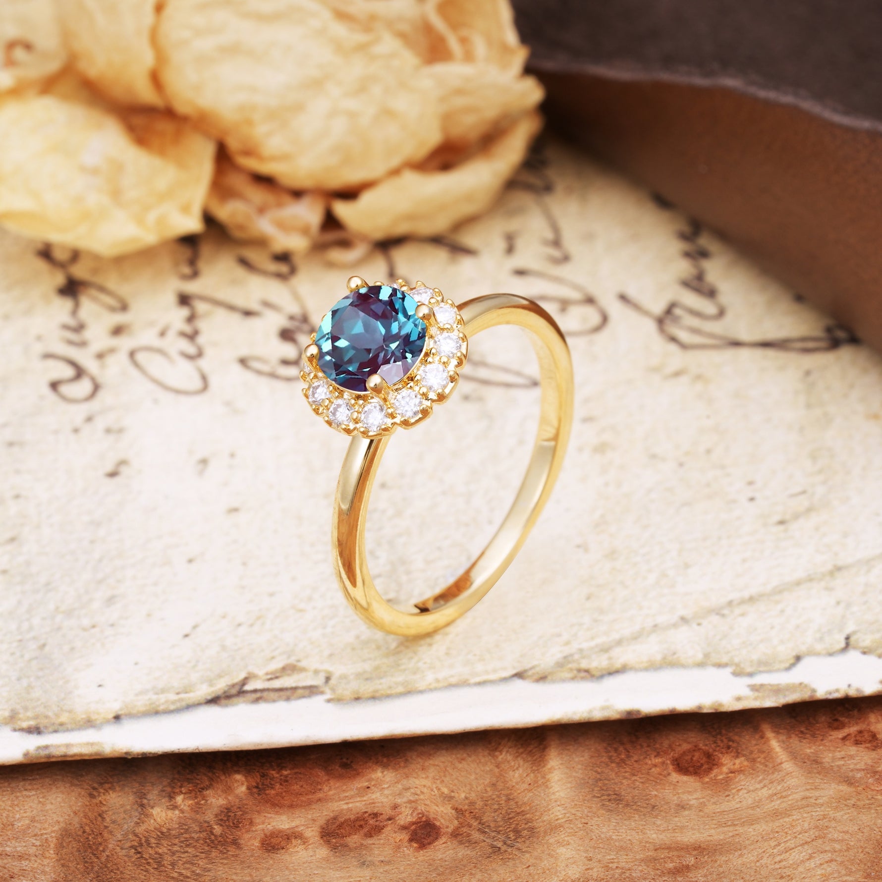 Classic Retro Unique 4-Prong Round Cut Alexandrite Engagement Ring - Additional view